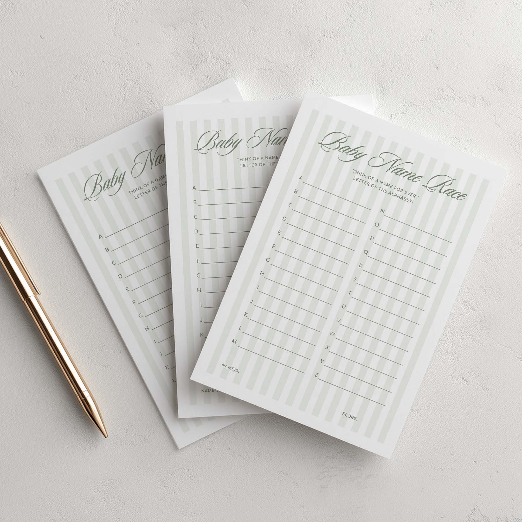 Three sheets of paper with green stripe 'Baby Name Rave' text on a light gray background