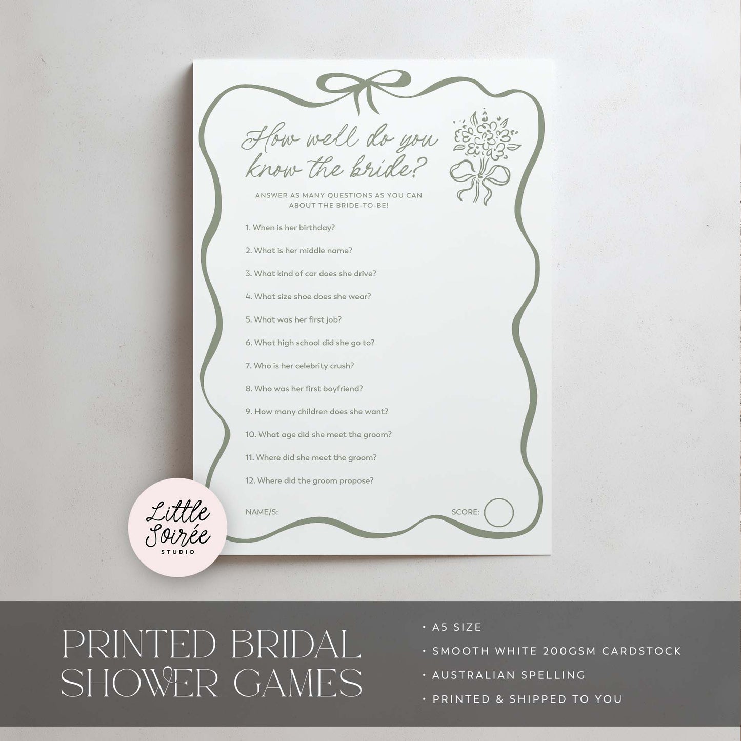Bridal shower game card with text on a plain background