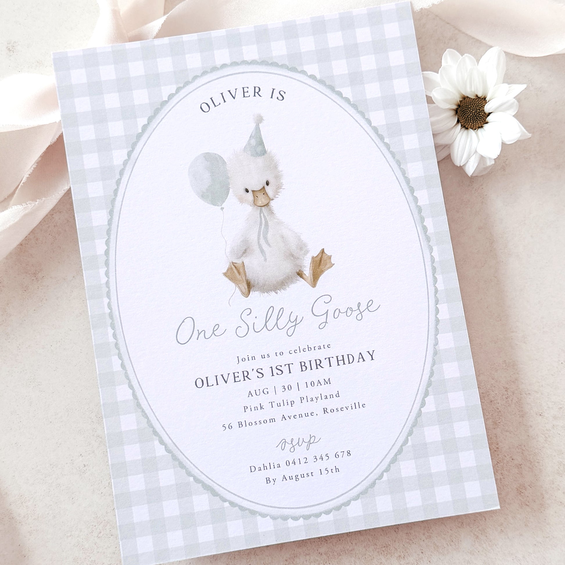 1st birthday Invitation card with a cartoon goose on a checkered background