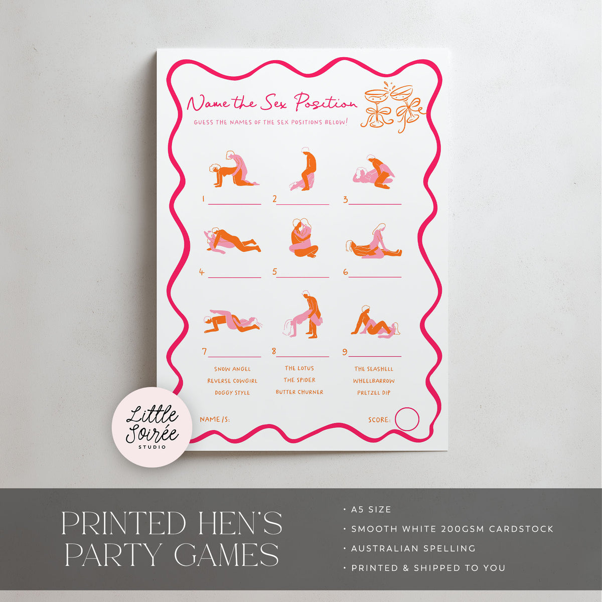 A printed hen's party game card titled 'Name the Sex Position' with numbered illustrations of sexual positions and a pink wavy border, shown on a light gray background with a 'Little Tarie Studio' logo and product info banner below.