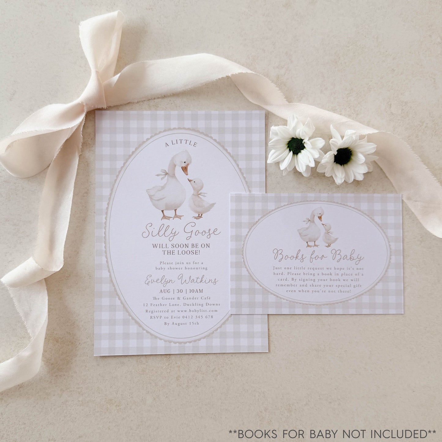 Baby shower invitation with goose, ribbon, and flowers on a neutral background