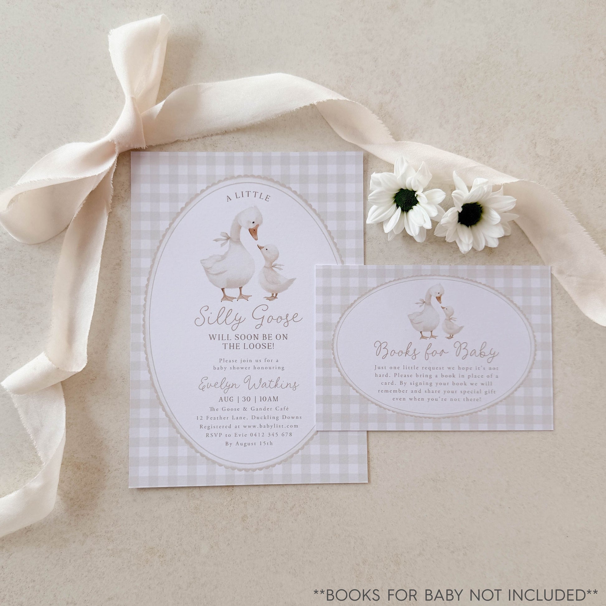 Baby shower invitation with goose, ribbon, and flowers on a neutral background