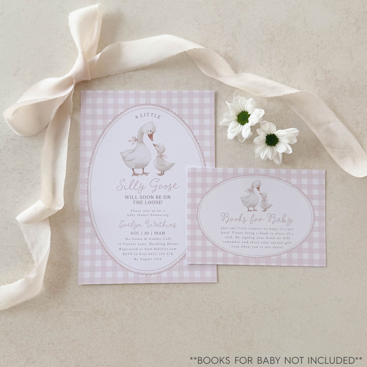 Silly Goose Pink Baby shower invitation with goose illustration, ribbon, and flowers on a neutral background. 