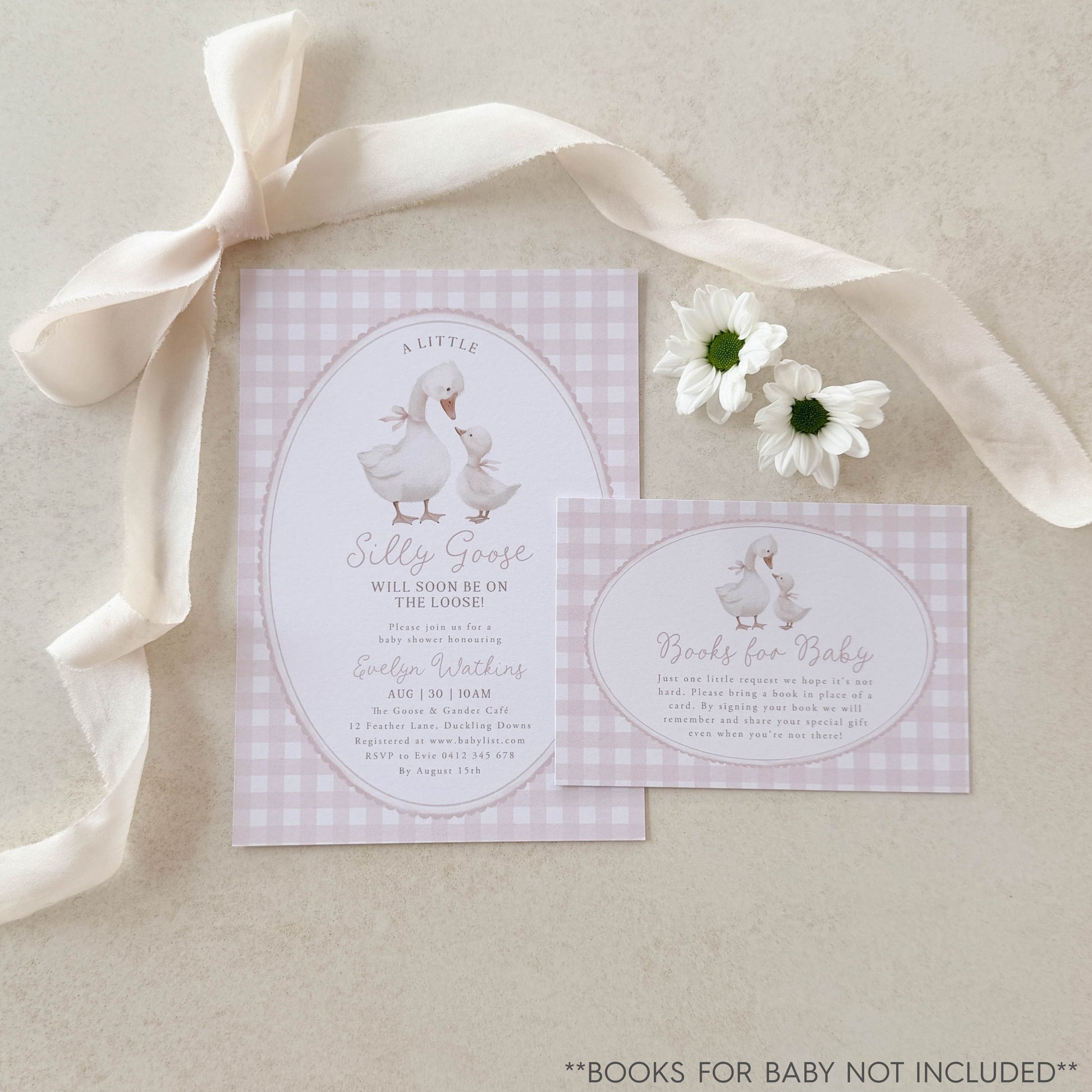 Silly Goose Pink Baby shower invitation with goose illustration, ribbon, and flowers on a neutral background. 