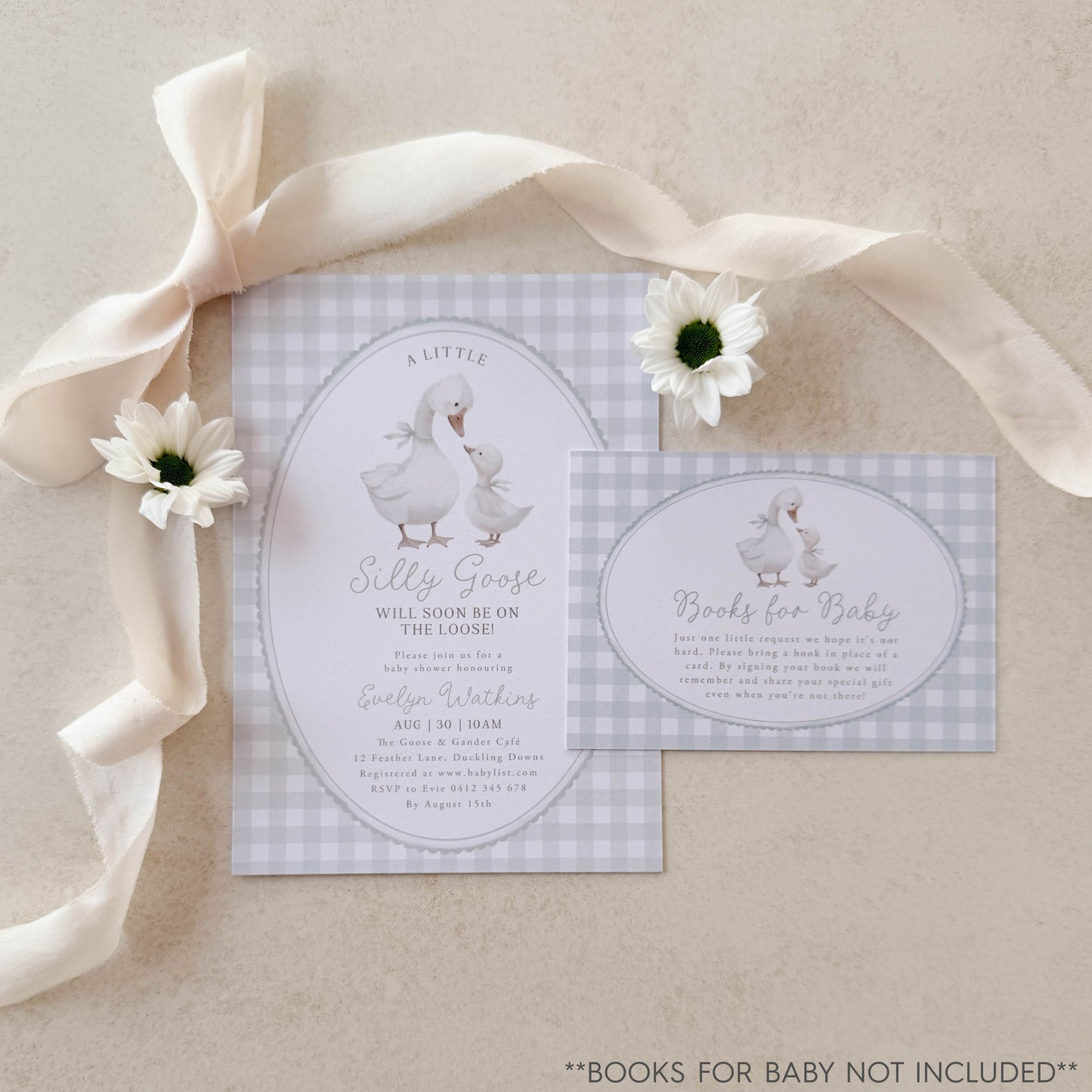 Silly Goose Baby shower invitation with swan design on a green gingham background, ribbon, and flowers.