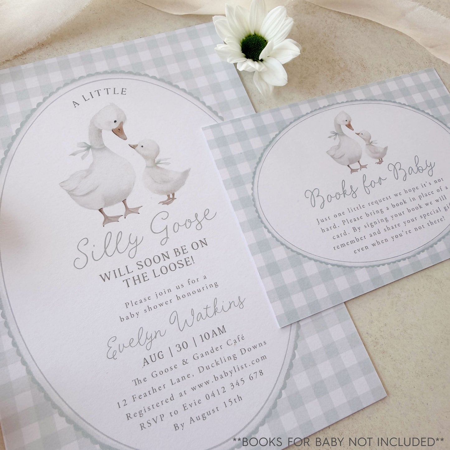 Silly Goose Baby shower invitation with goose on a green gingham background