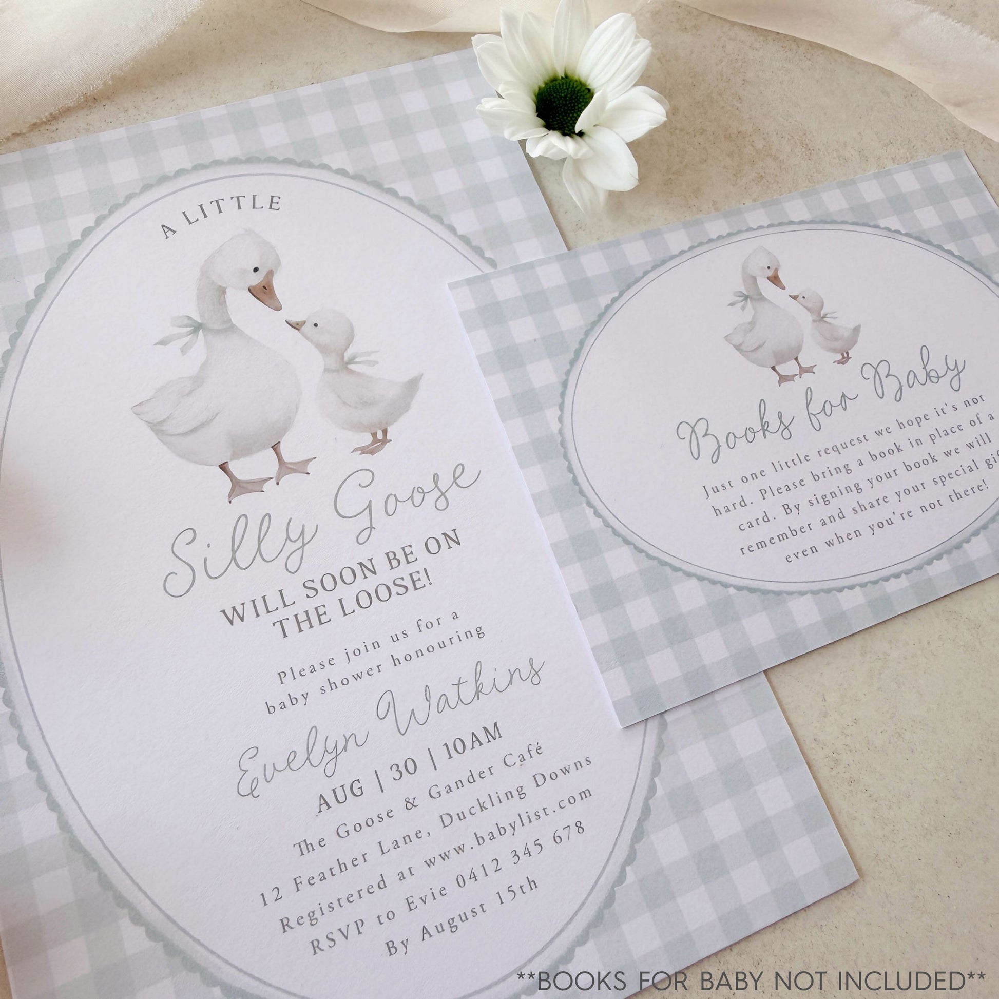 Silly Goose Baby shower invitation with goose on a green gingham background