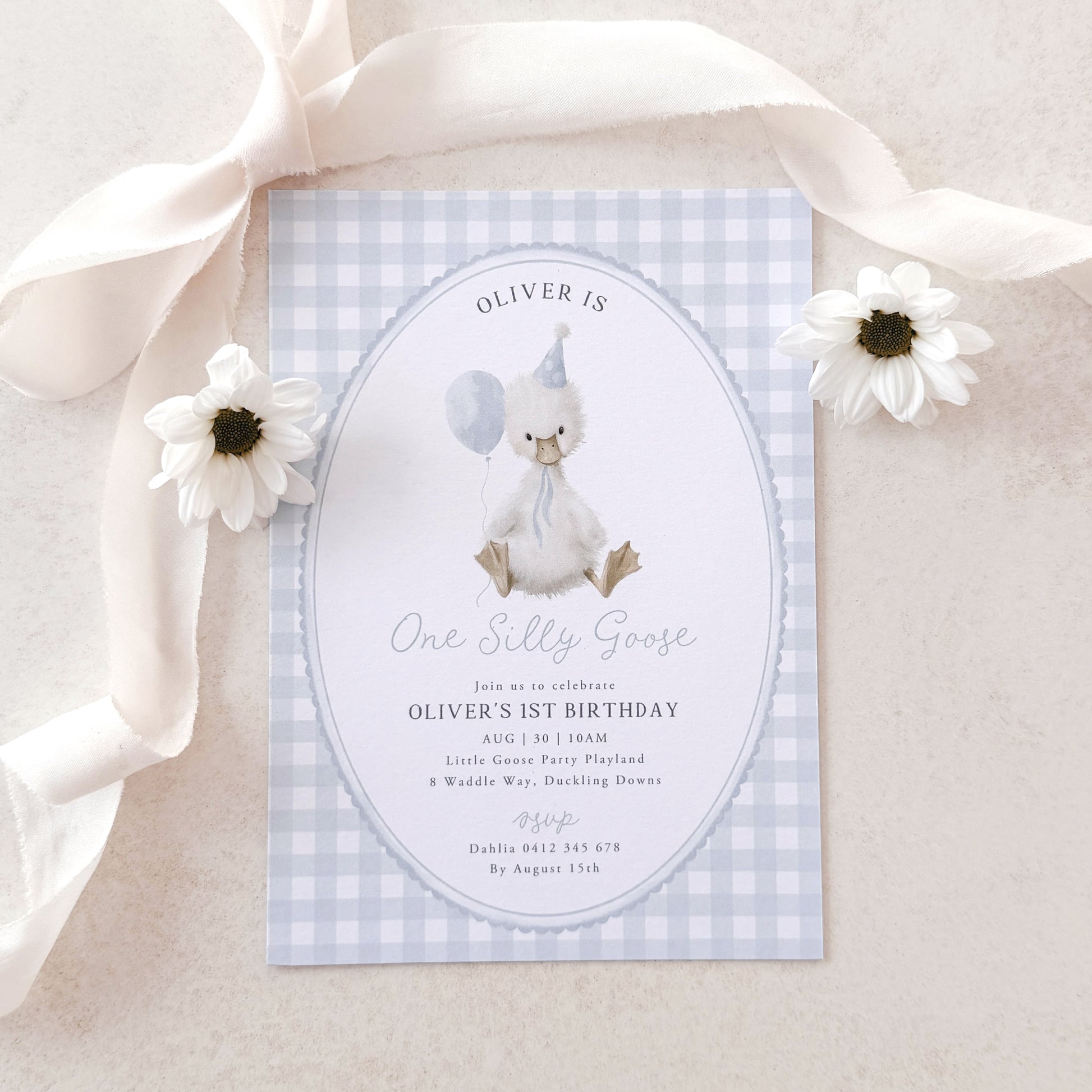 Invitation card with a goose illustration on a checkered background, surrounded by flowers and ribbons.