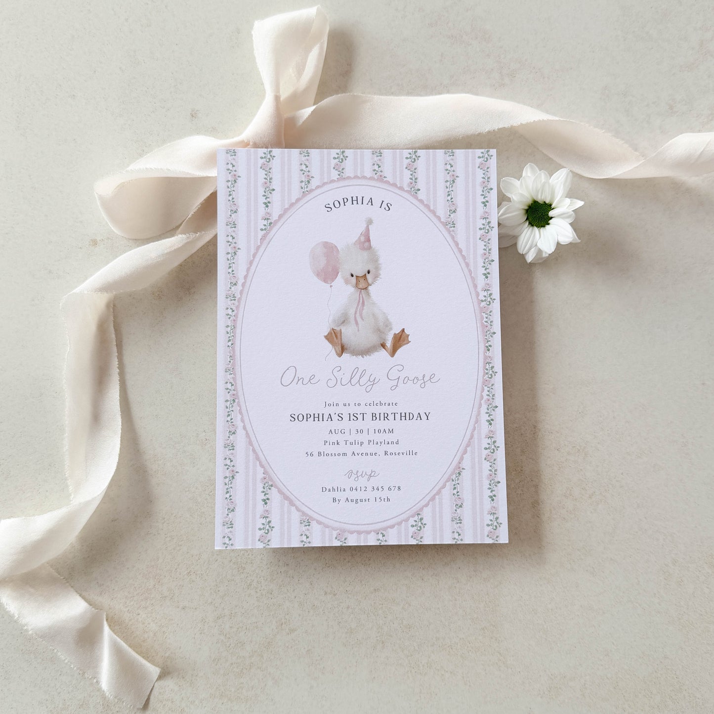 Invitation card with a goose illustration on a light background with ribbons and a flower.