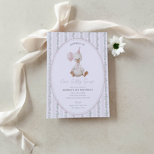 Invitation card with a goose illustration on a light background with ribbons and a flower.