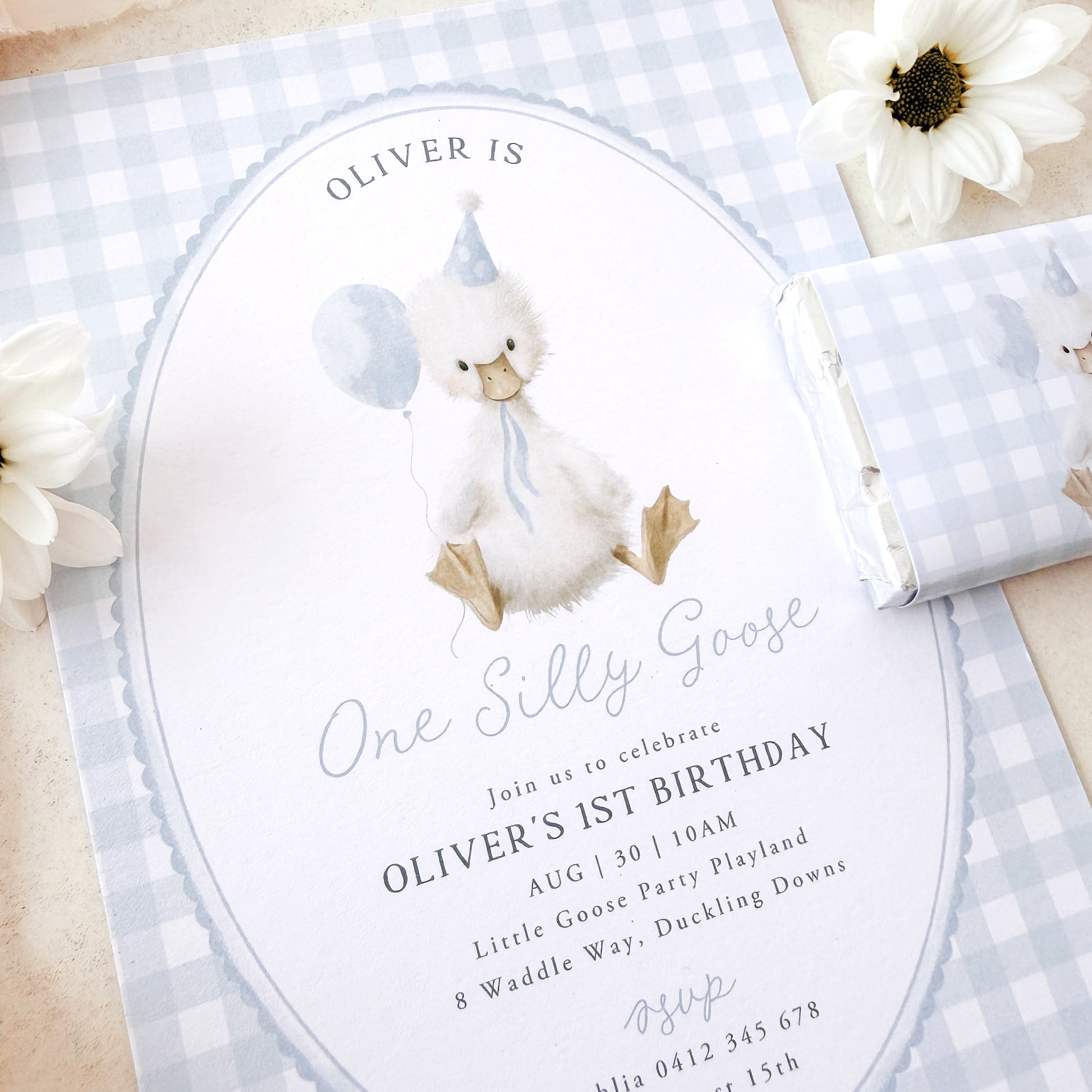 1st birthday invitation in blue and goose theme 