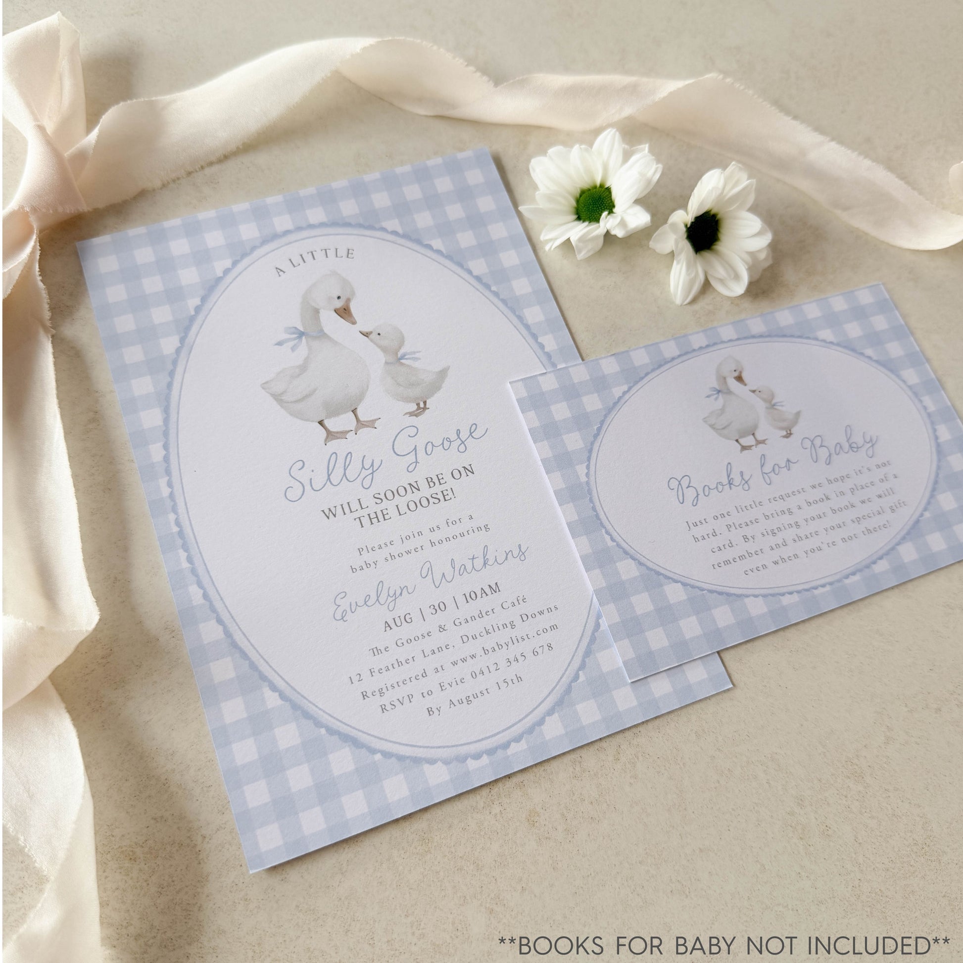 Silly Goose Baby shower invitation with goose on a blue gingham background