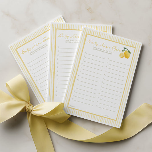 Three baby shower planning checklists with a yellow ribbon on a light background