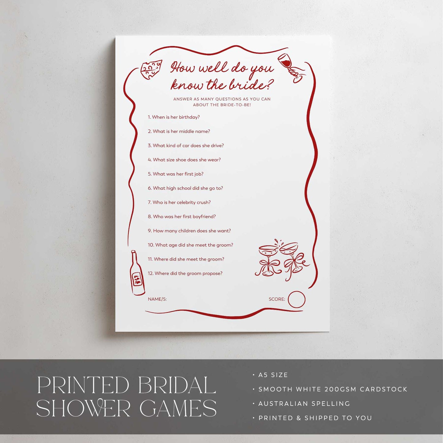 Bridal shower game card with red text and decorative elements on a white background
