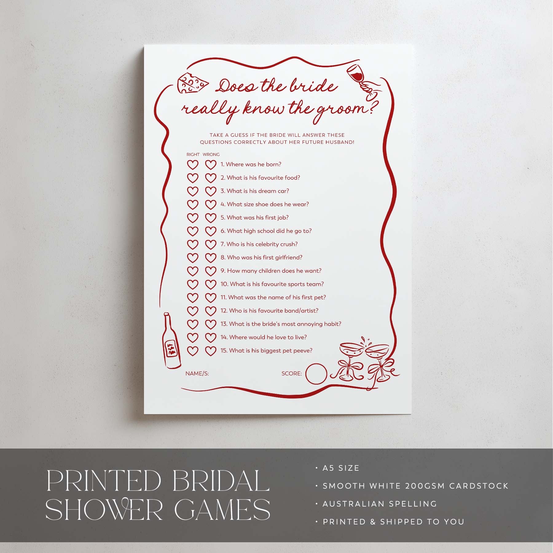 Bridal shower game card with red text and decorative elements on a white background