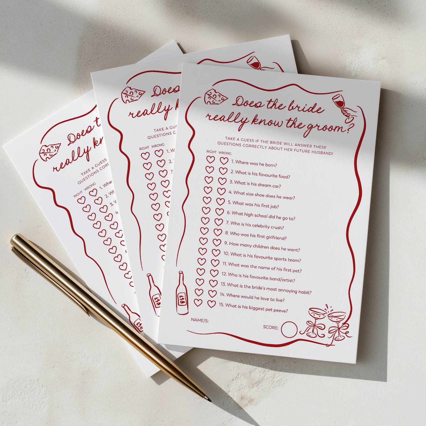 Three questionnaires titled 'Does the bride really know the groom?' on a light surface with a pen.