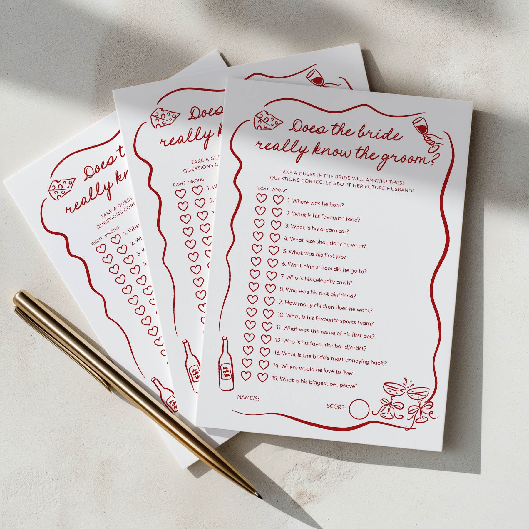 Three questionnaires titled 'Does the bride really know the groom?' on a light surface with a pen.