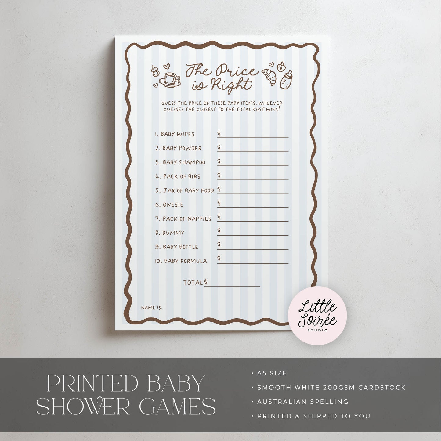 Printed Price is Right Baby Shower Game – Cafe Bebe Blue Paris | Baby Shower Games Australia