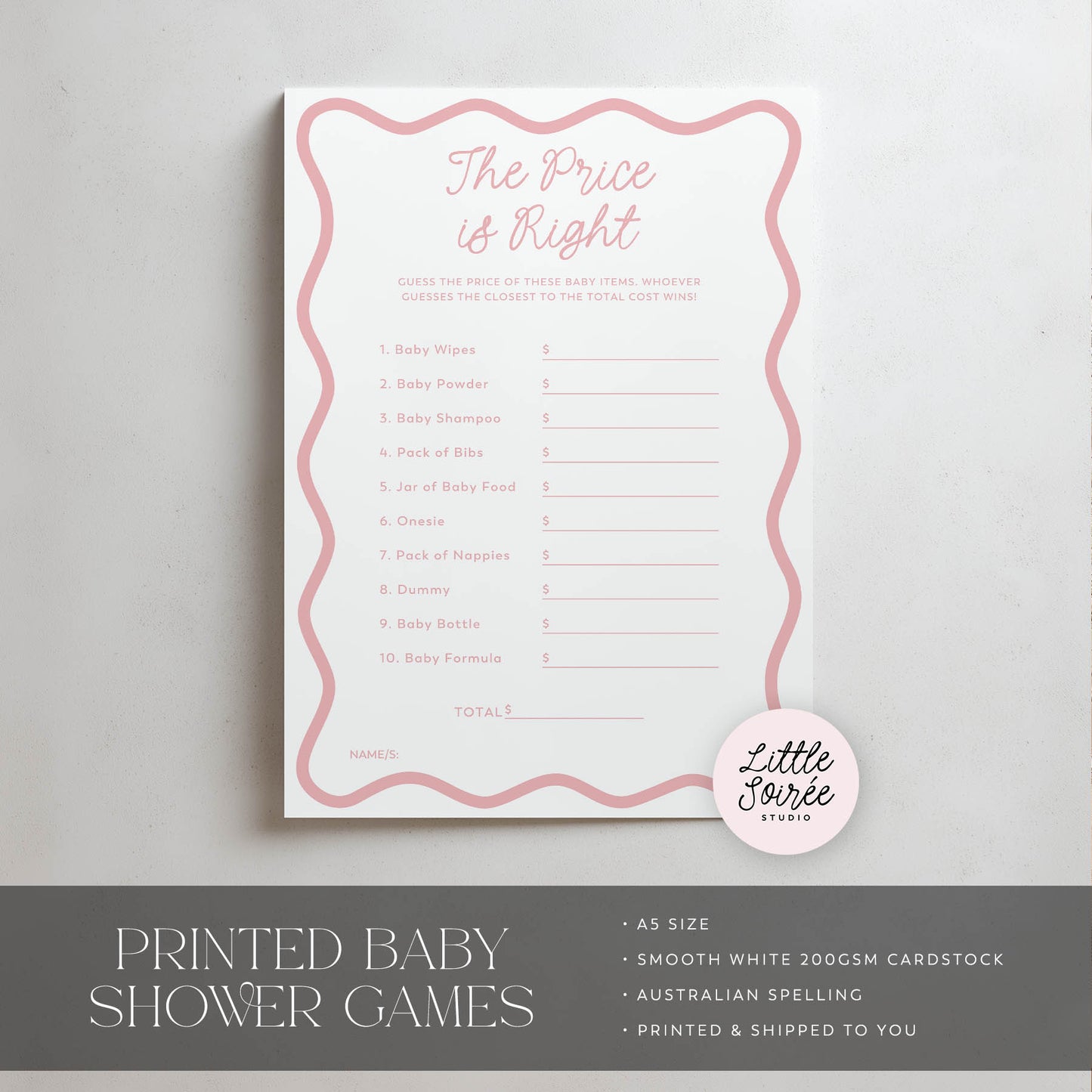 Baby shower game card titled 'The Price is Right' on a gray background with 'Little Soiree' branding.