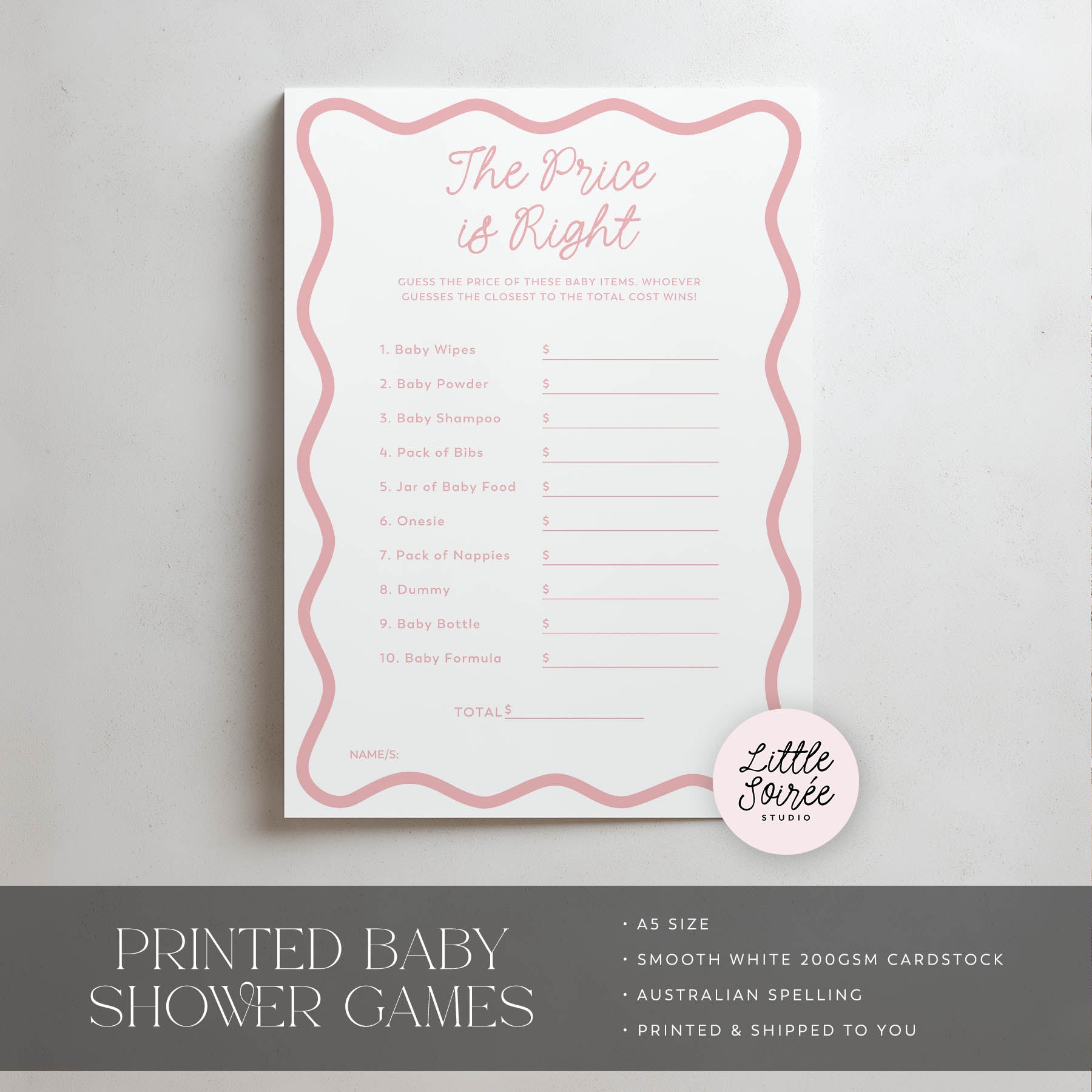 Baby shower game card titled 'The Price is Right' on a gray background with 'Little Soiree' branding.