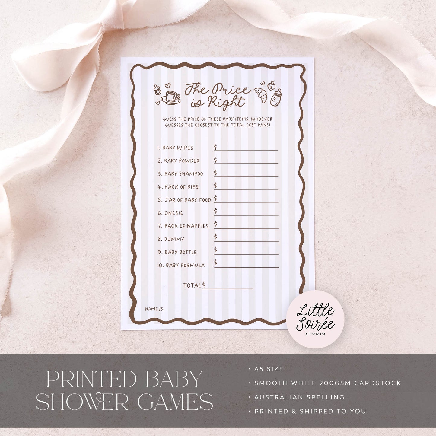 Baby shower game card titled 'The Price is Right' on a light pink fabric background with 'Little Sourie Studio' branding.