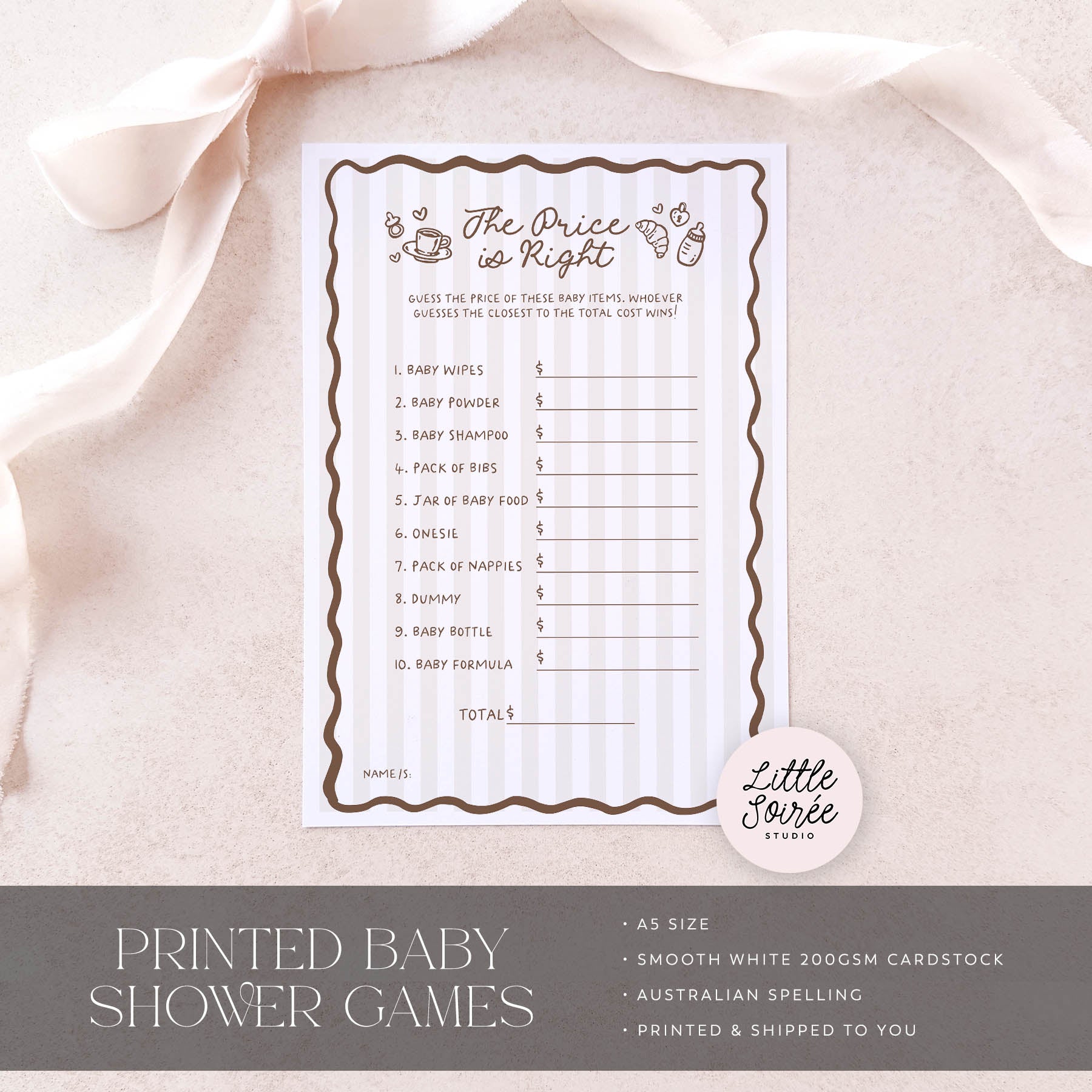 Baby shower game card titled 'The Price is Right' on a light pink fabric background with 'Little Sourie Studio' branding.