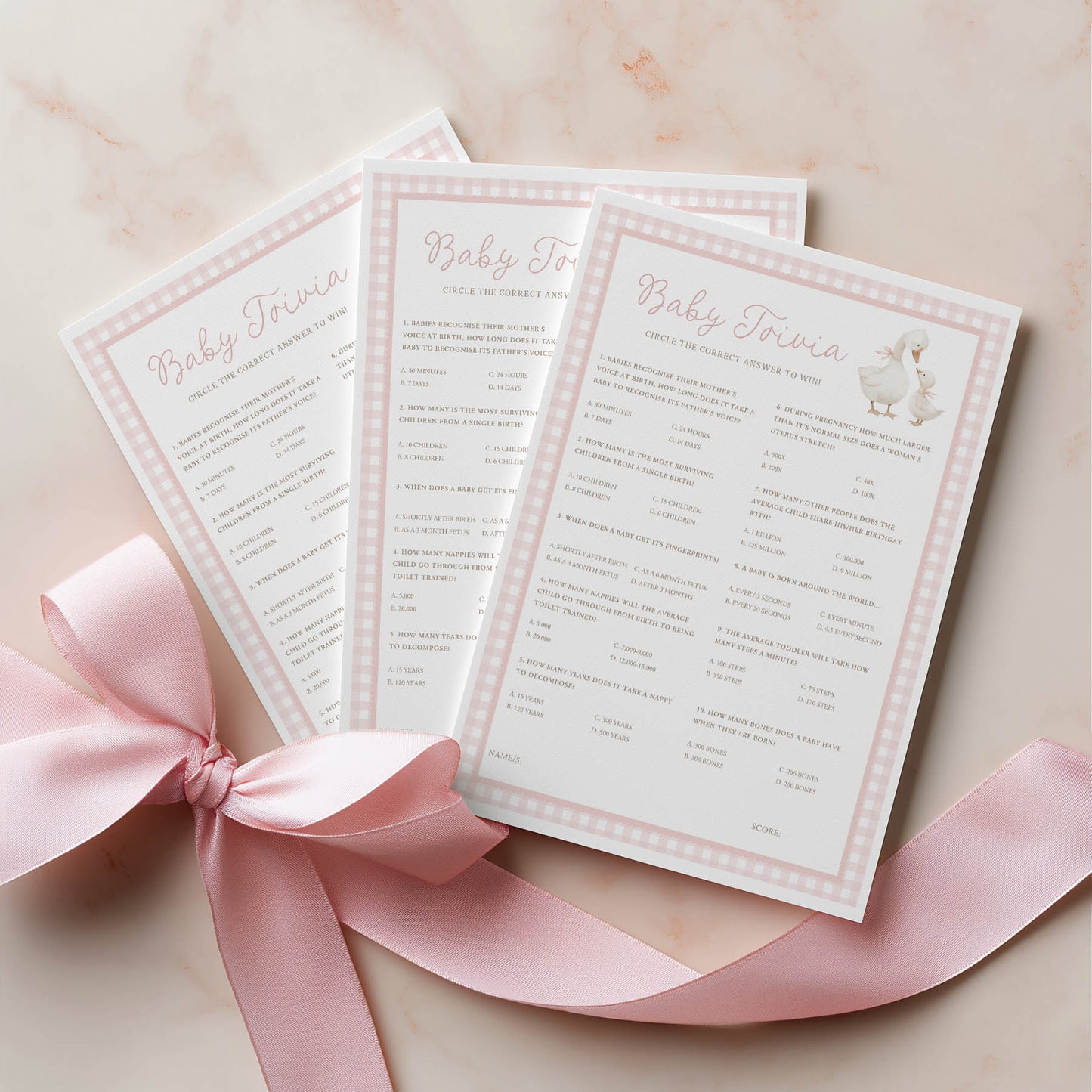 Printed Baby Trivia – Pink Silly Goose | Baby Shower Games Australia
