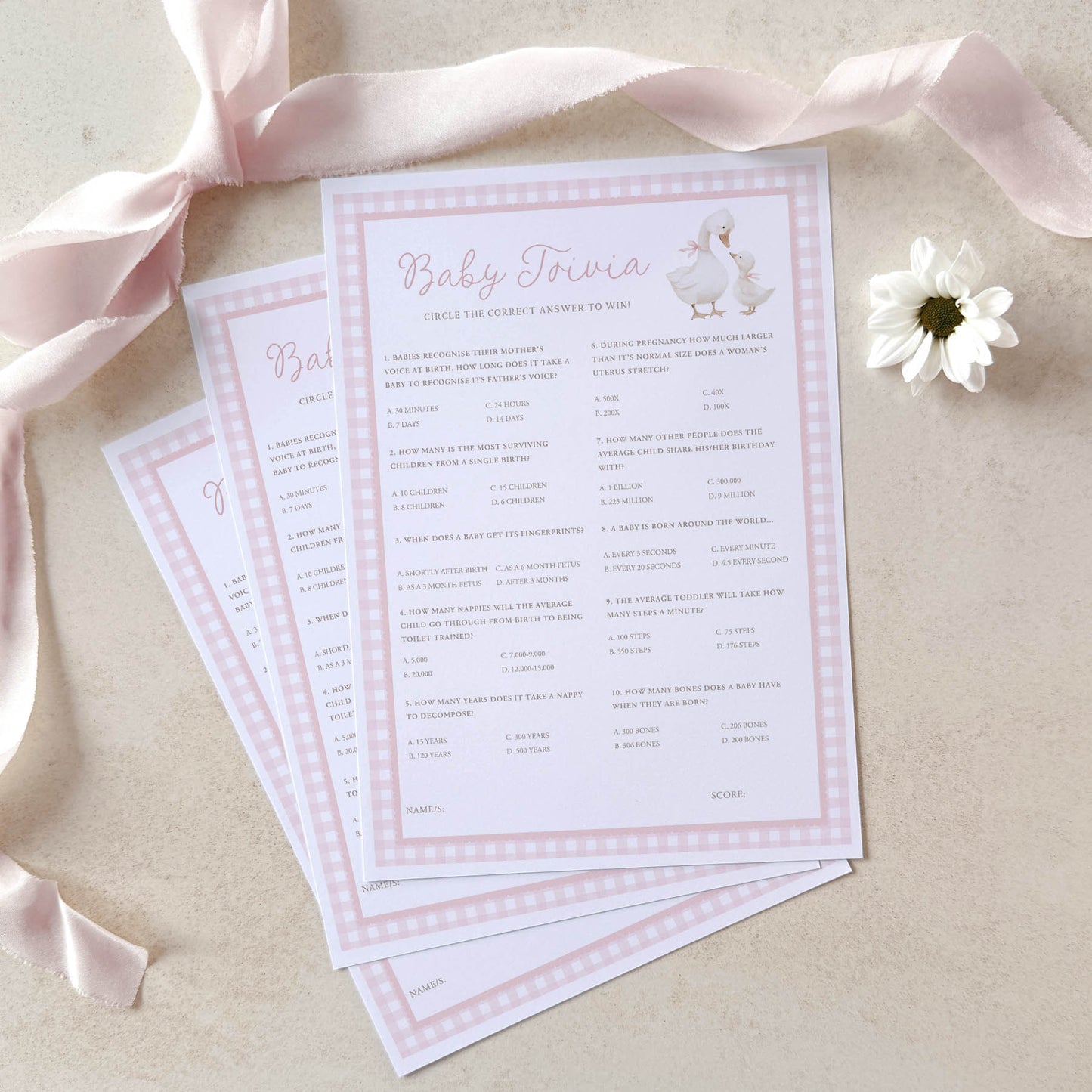 Printed Baby Trivia – Pink Silly Goose | Baby Shower Games Australia