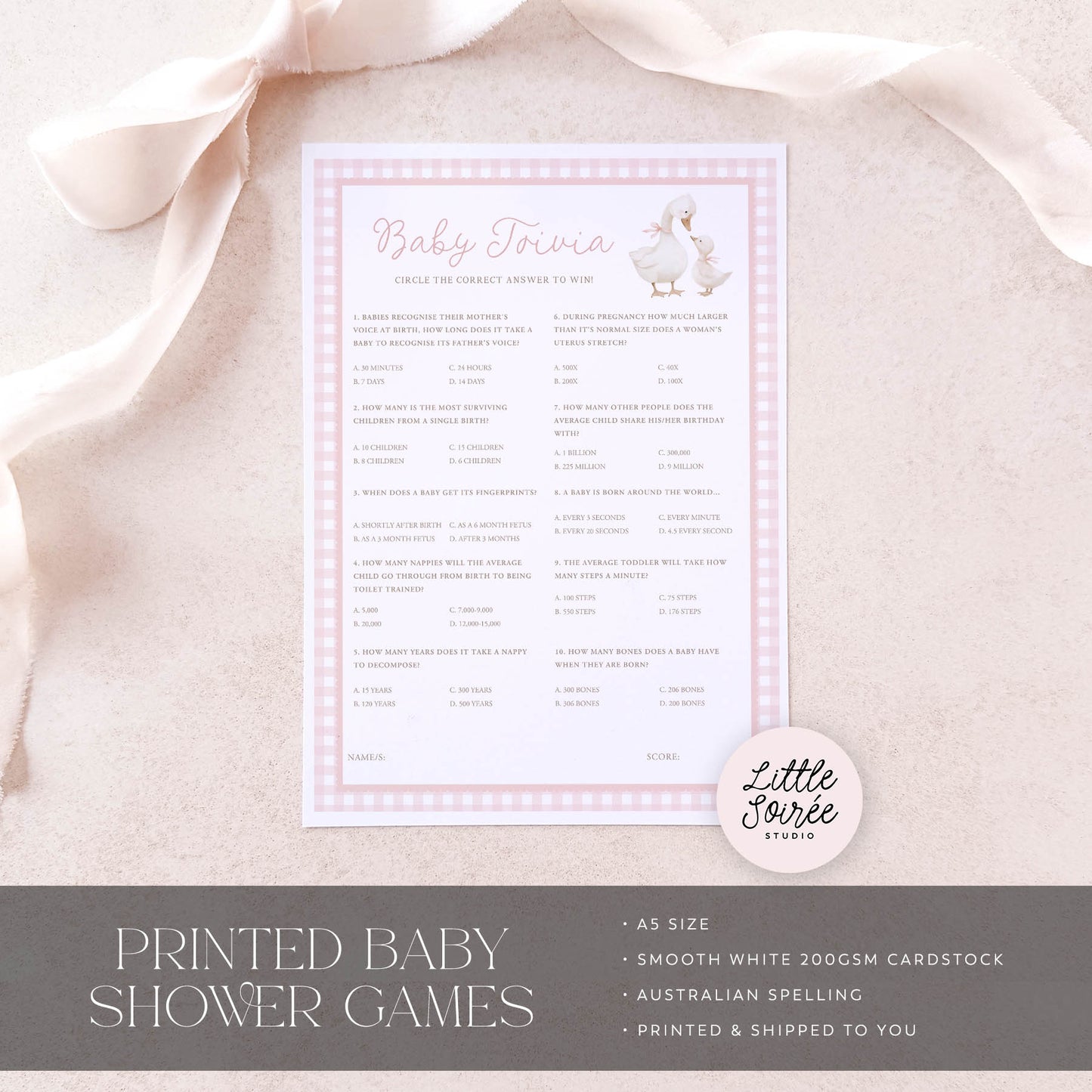 Printed Baby Trivia – Pink Silly Goose | Baby Shower Games Australia