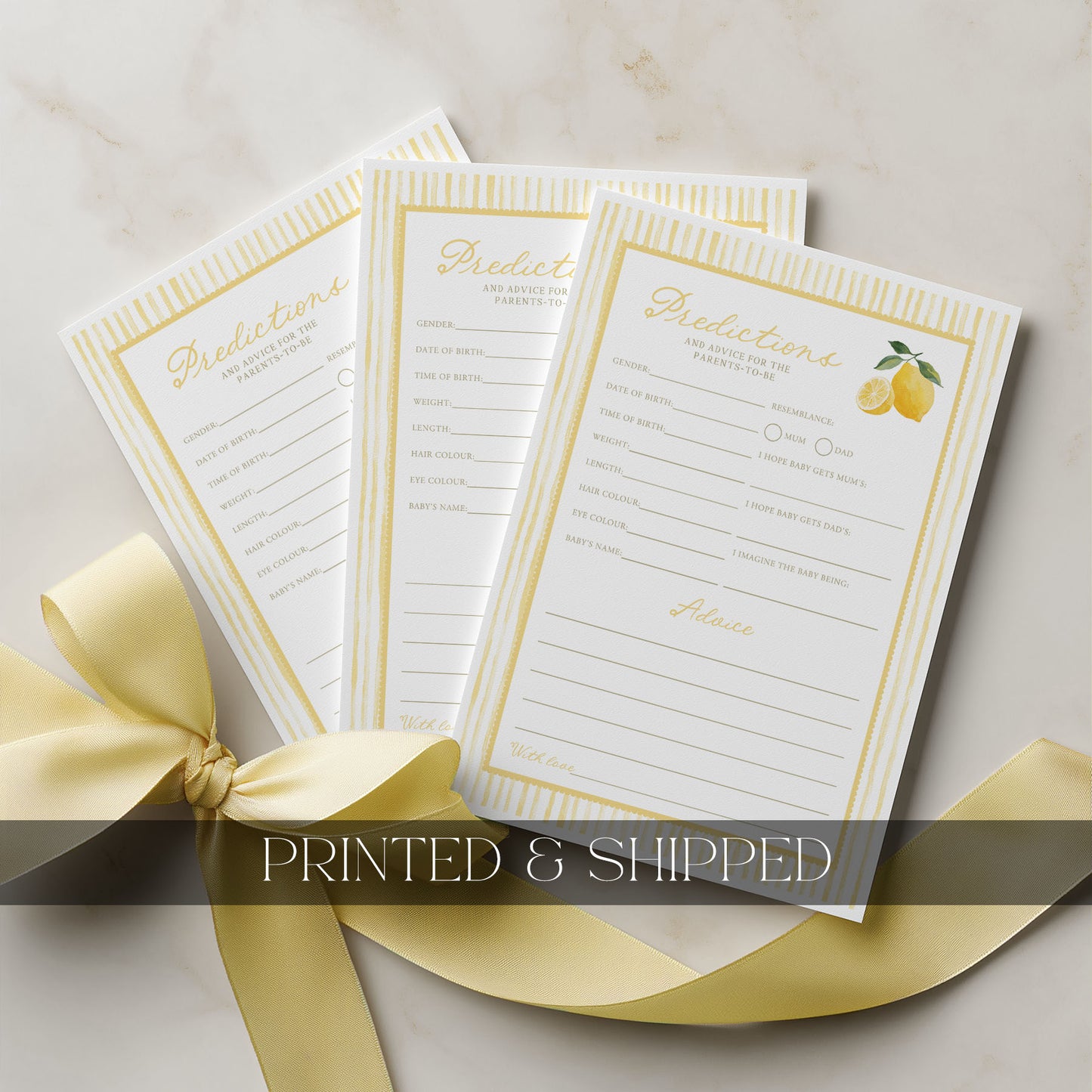 Three prediction cards with a yellow ribbon on a light background