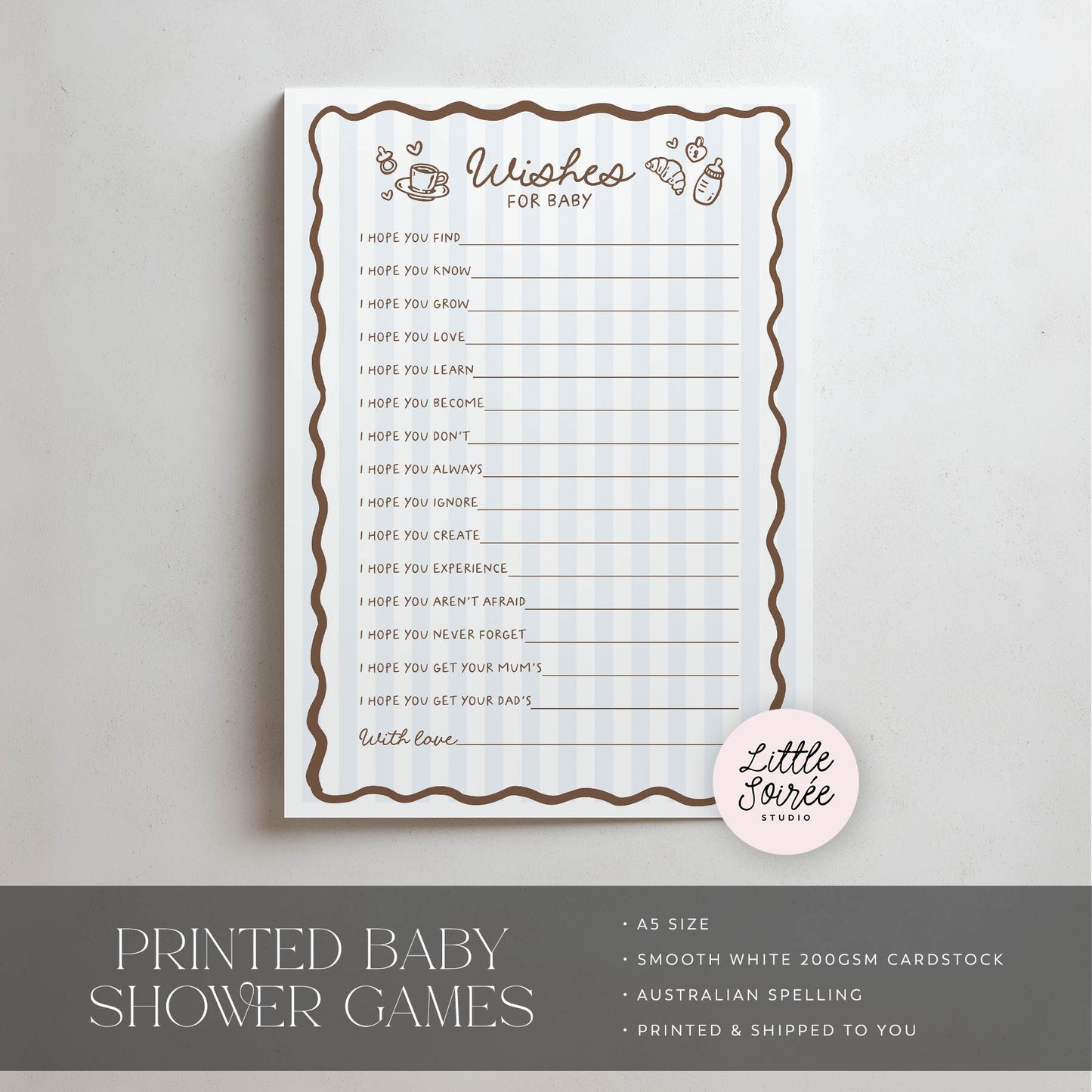 Baby shower game sheet with text on a gray background, featuring the brand 'Little Soiree'.