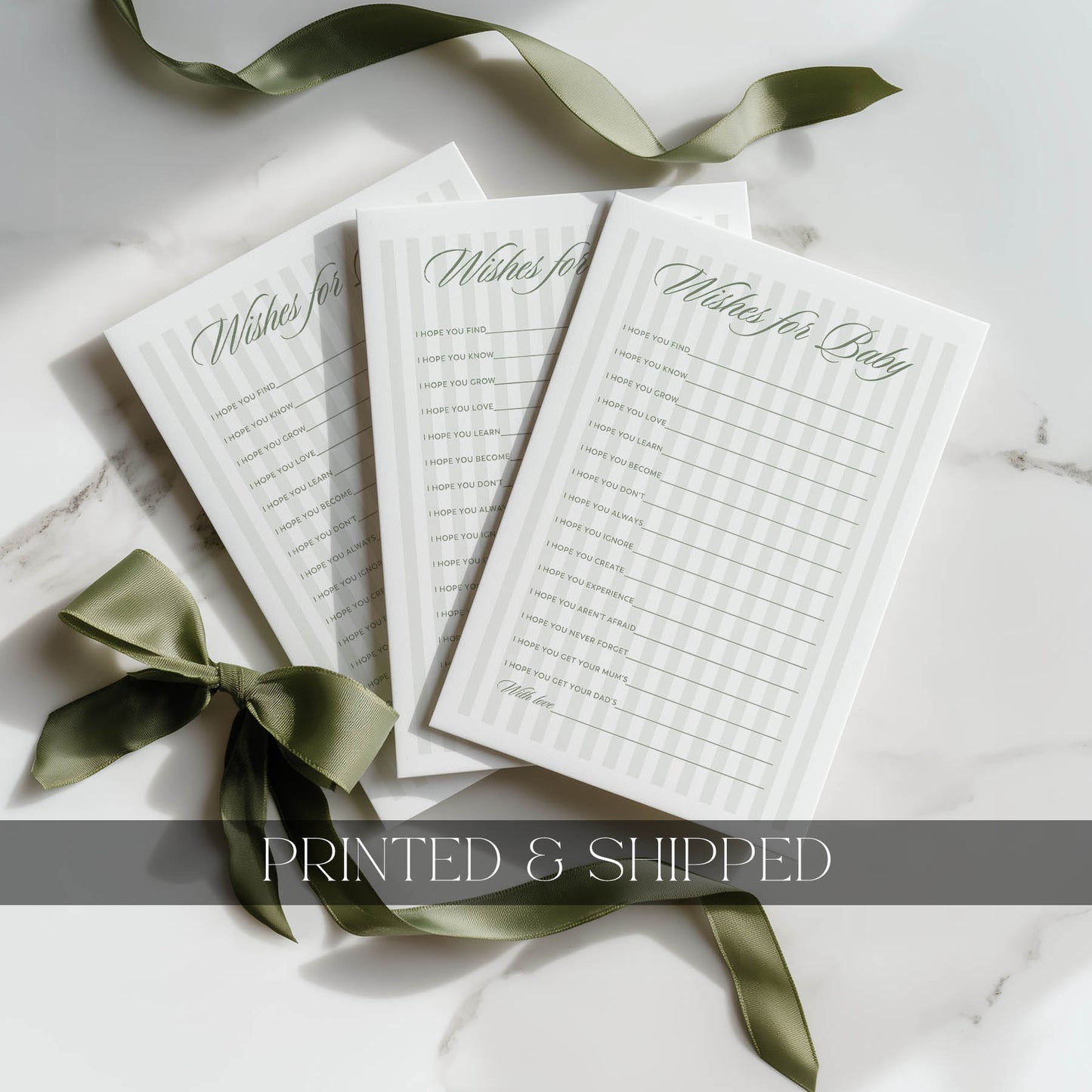 Printed Wishes for Baby Game – Sage Green Stripe | Baby Shower Games Australia