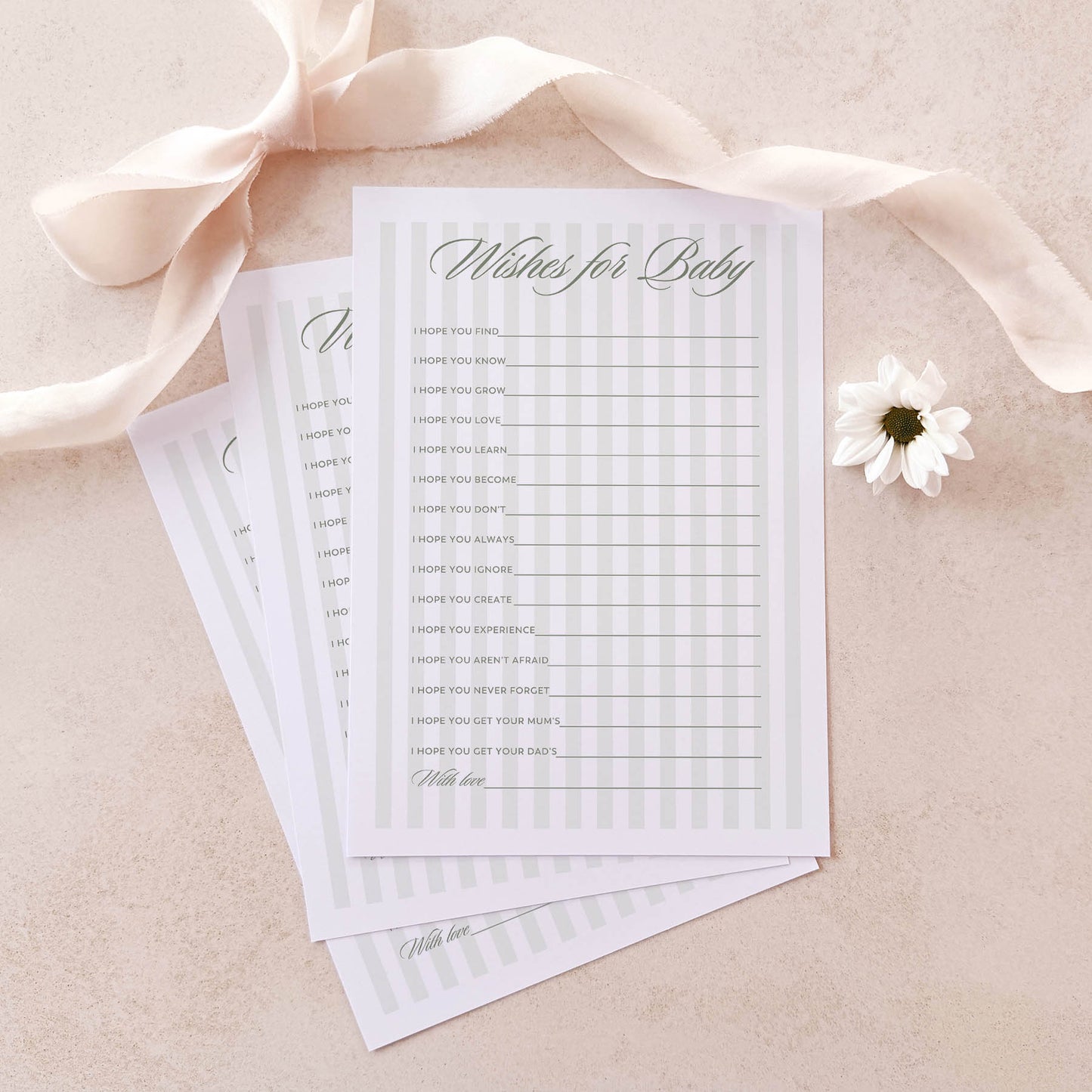 Printed Wishes for Baby Game – Sage Green Stripe | Baby Shower Games Australia