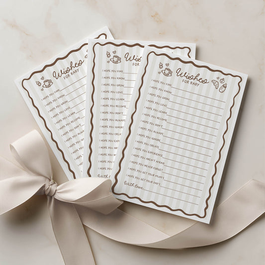 Two sheets of paper with decorative borders and text, tied together with a ribbon on a beige background.