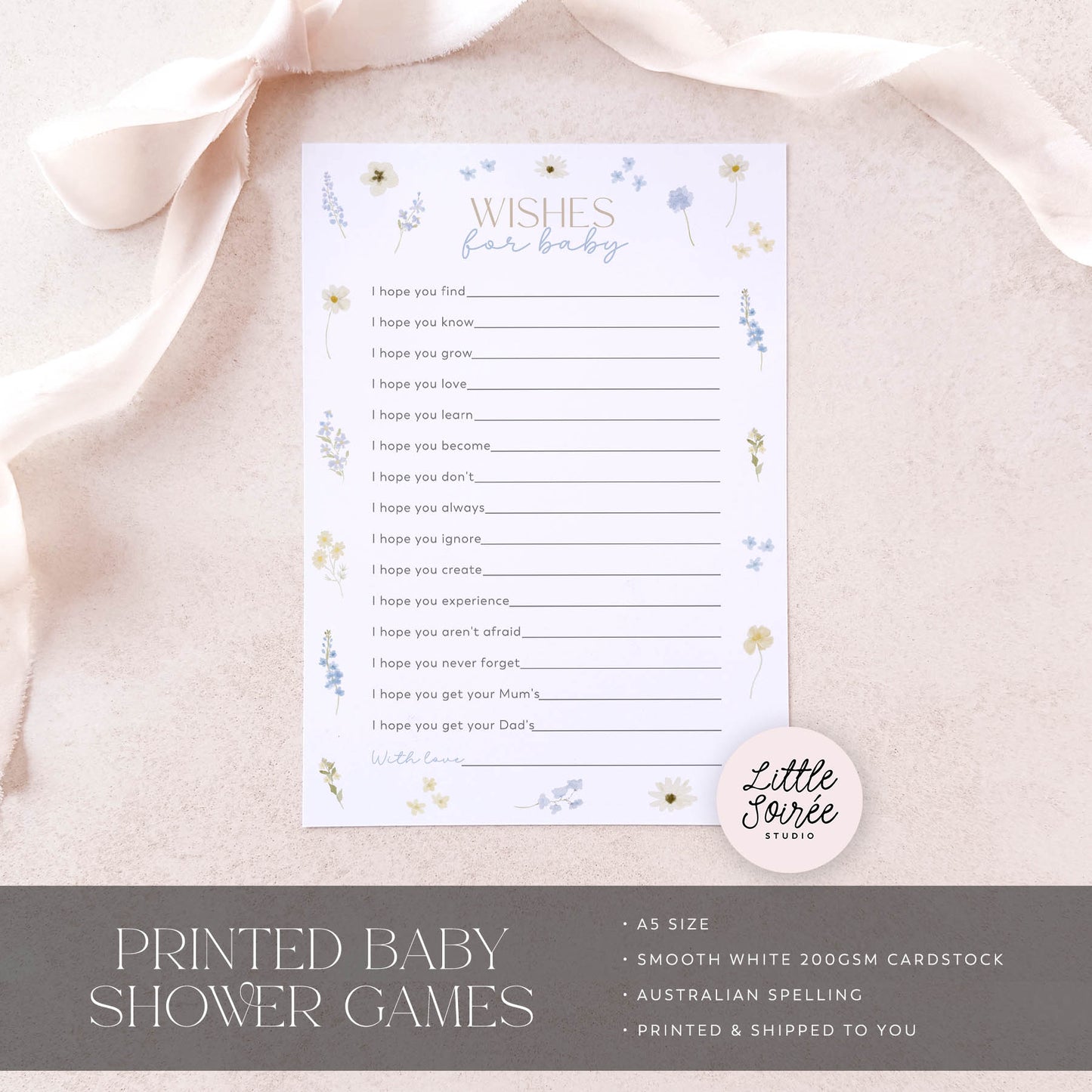 Baby shower game card with floral design on a soft pink background