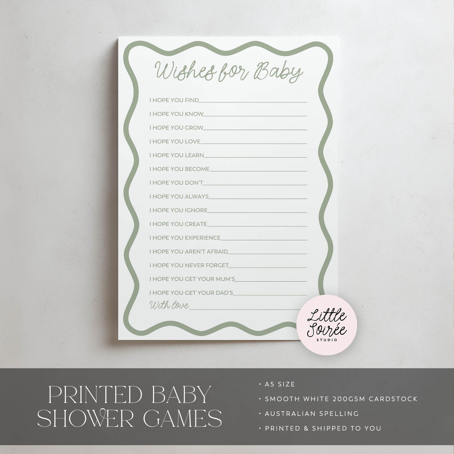 Baby shower game card with text on a gray background, featuring the brand 'Little Soiree'.