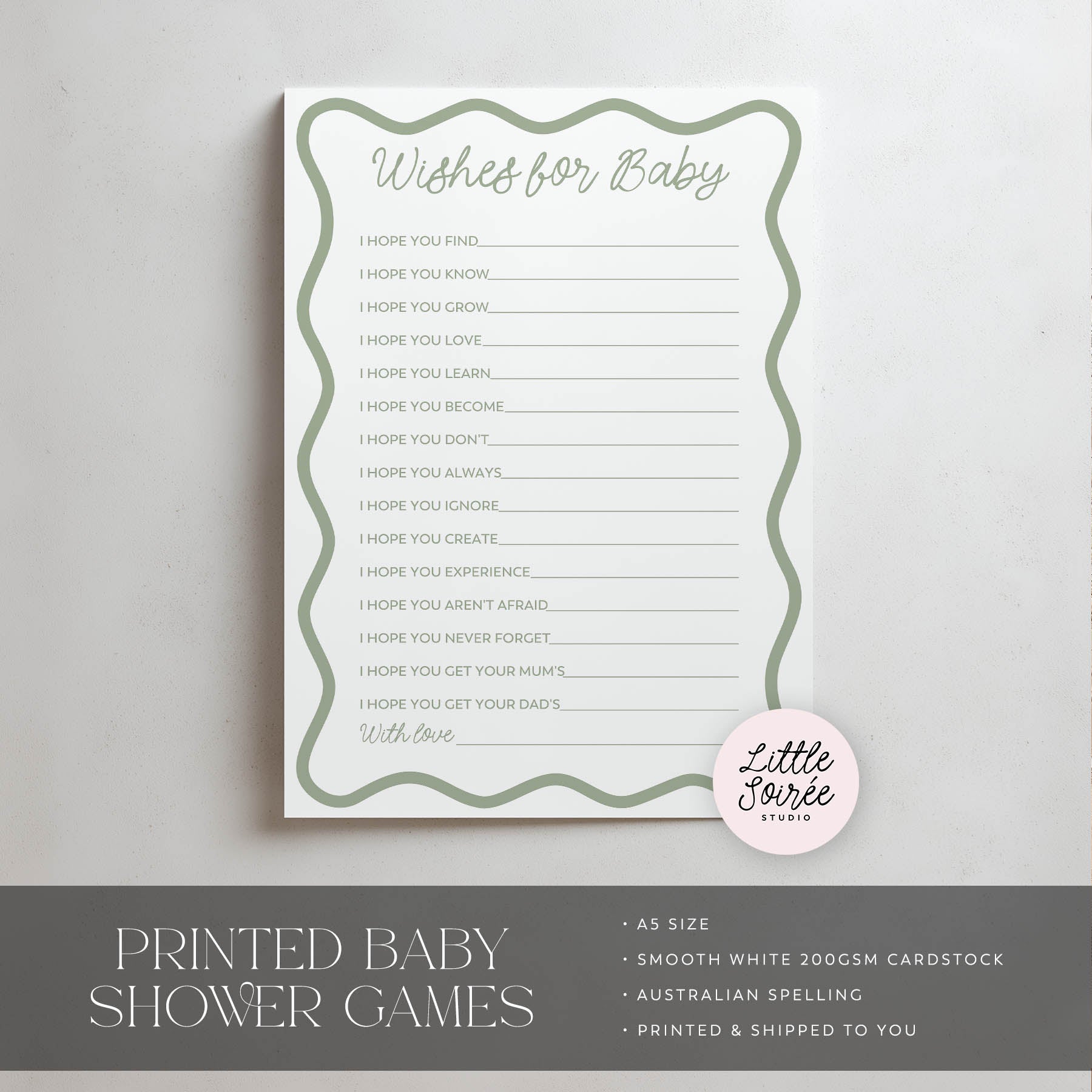 Baby shower game card with text on a gray background, featuring the brand 'Little Soiree'.
