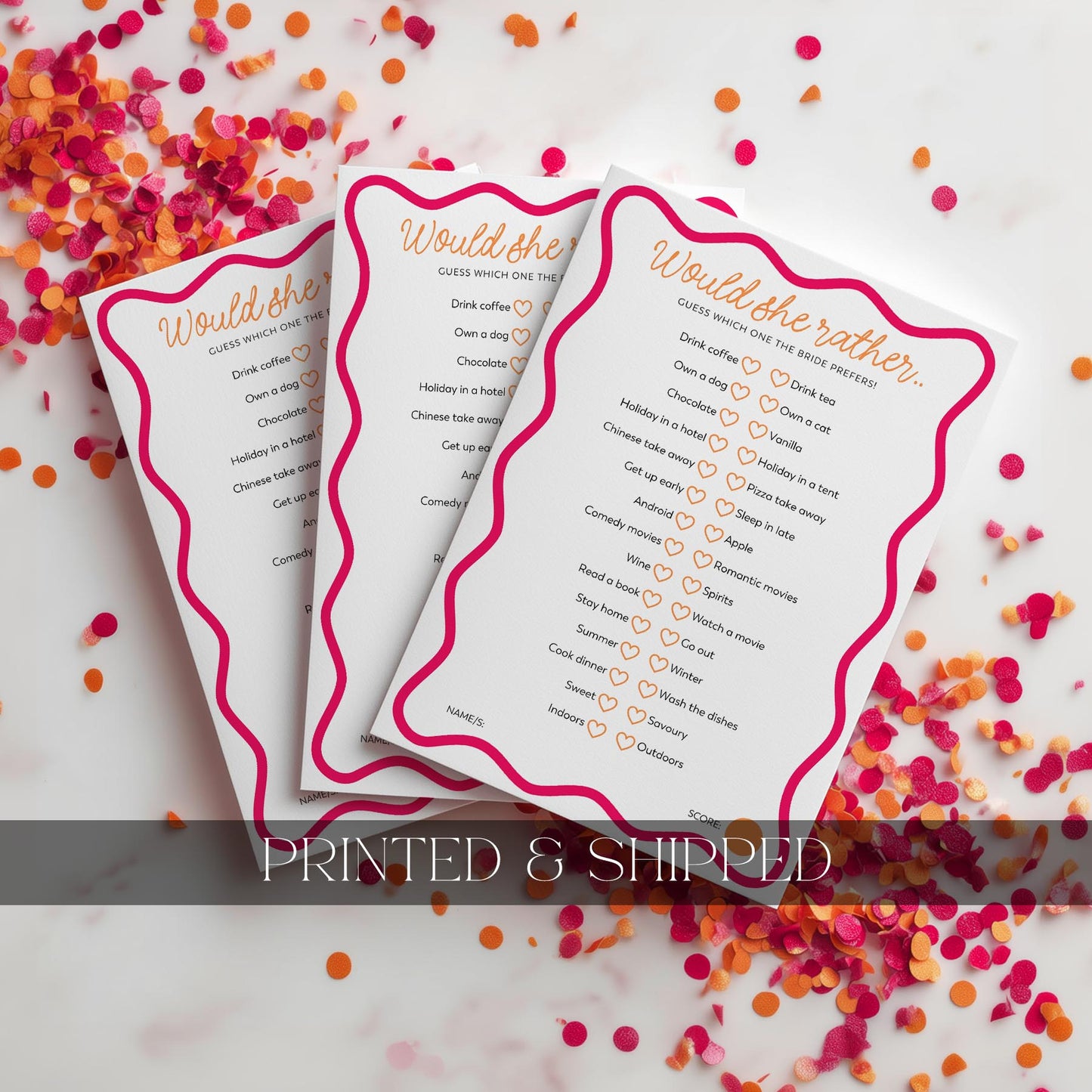 Printed Would She Rather - Pink Orange Wavy | Bridal Shower Games Australia