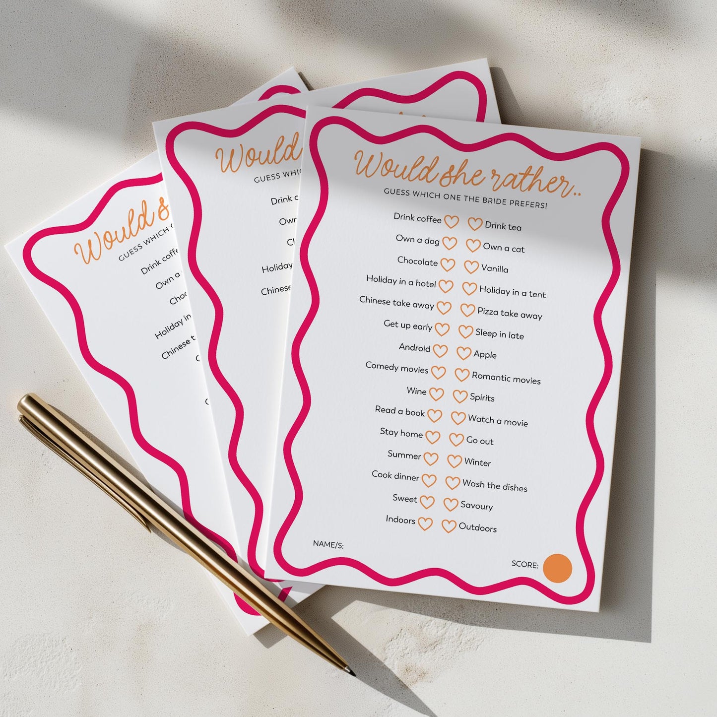 Printed Would She Rather - Pink Orange Wavy | Bridal Shower Games Australia
