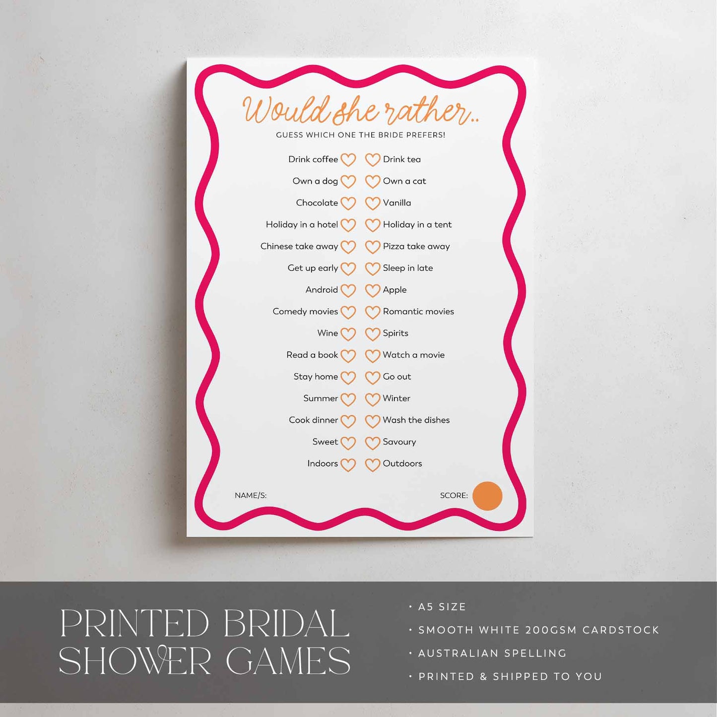 Printed Would She Rather - Pink Orange Wavy | Bridal Shower Games Australia