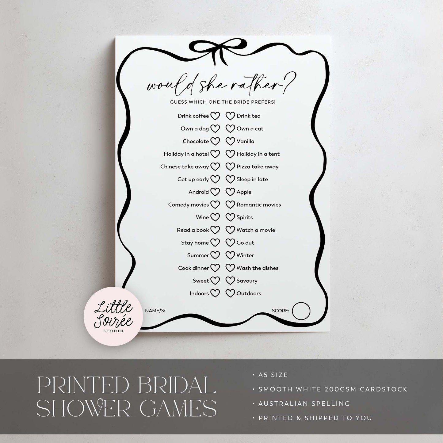 Bridal shower game card titled 'Would she rather?' on a white background with 'Little Source Studio' branding.