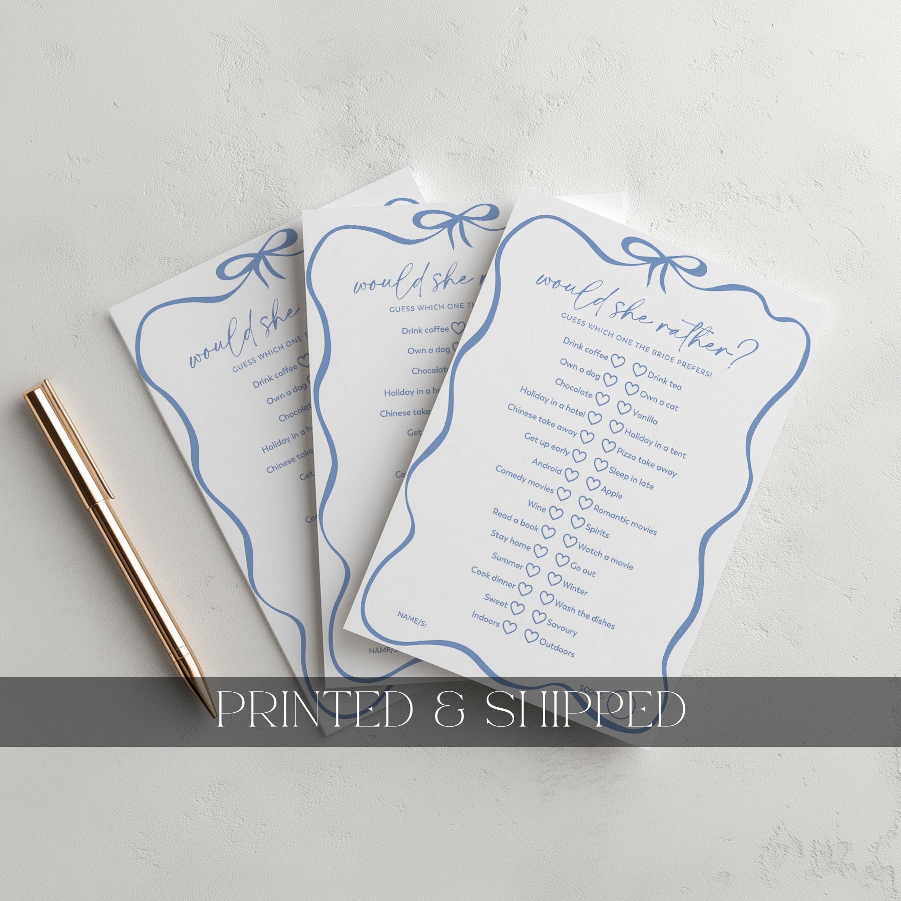 Three printed questionnaires with blue decorative elements on a light gray background.