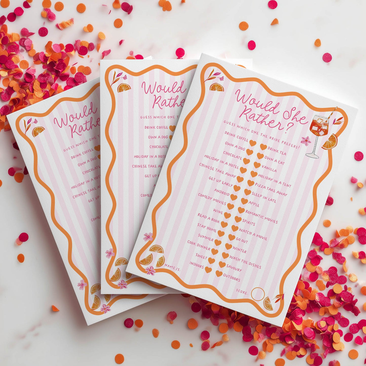 Three 'Would She Rather?' question cards on a white background with colorful confetti.
