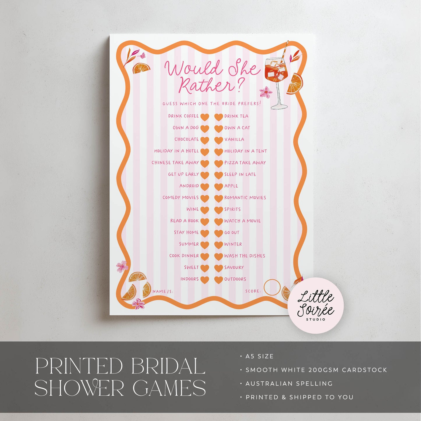 Printed Would She Rather - Love at First Spritz | Bridal Shower Games Australia