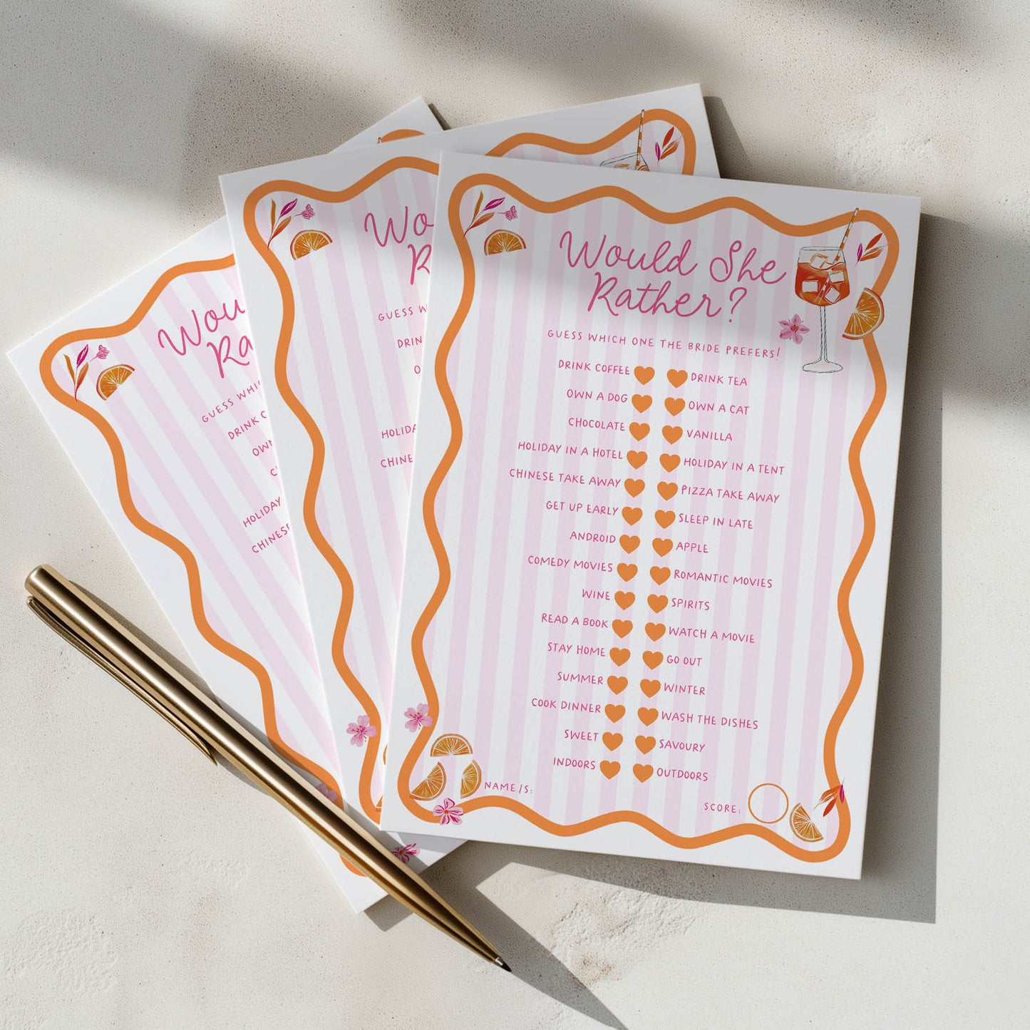 Three 'Would She Rather?' question cards with decorative borders on a light surface.