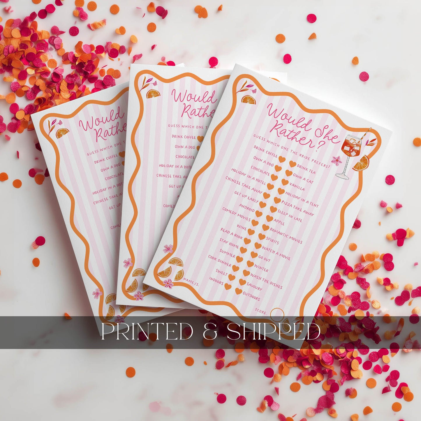 Three printed questionnaires titled 'Would You Rather?' on a surface with confetti.