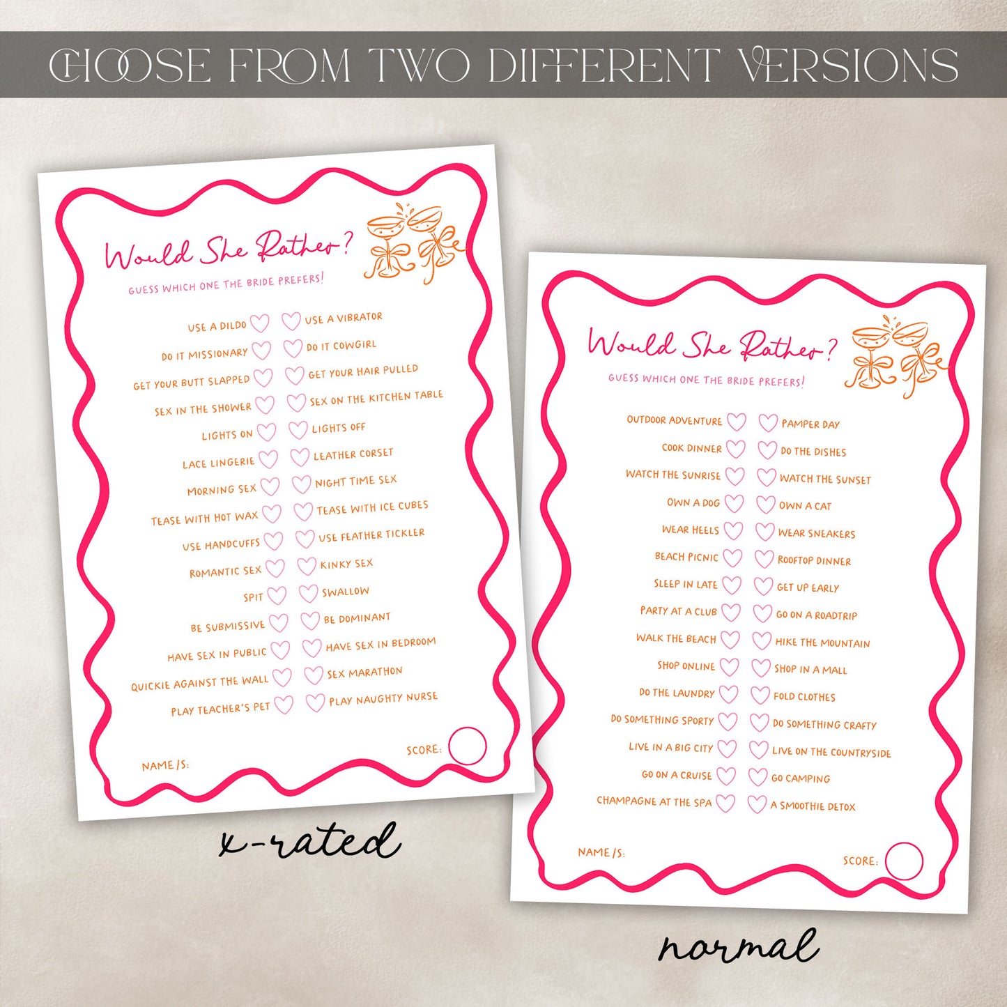Two printable game board versions for a 'Would She Be Taller?' bachelorette game, labeled 'cheeky 18+' and 'normal', shown on a light textured background with the text 'CHOOSE FROM TWO DIFFERENT VERSIONS' at the top.