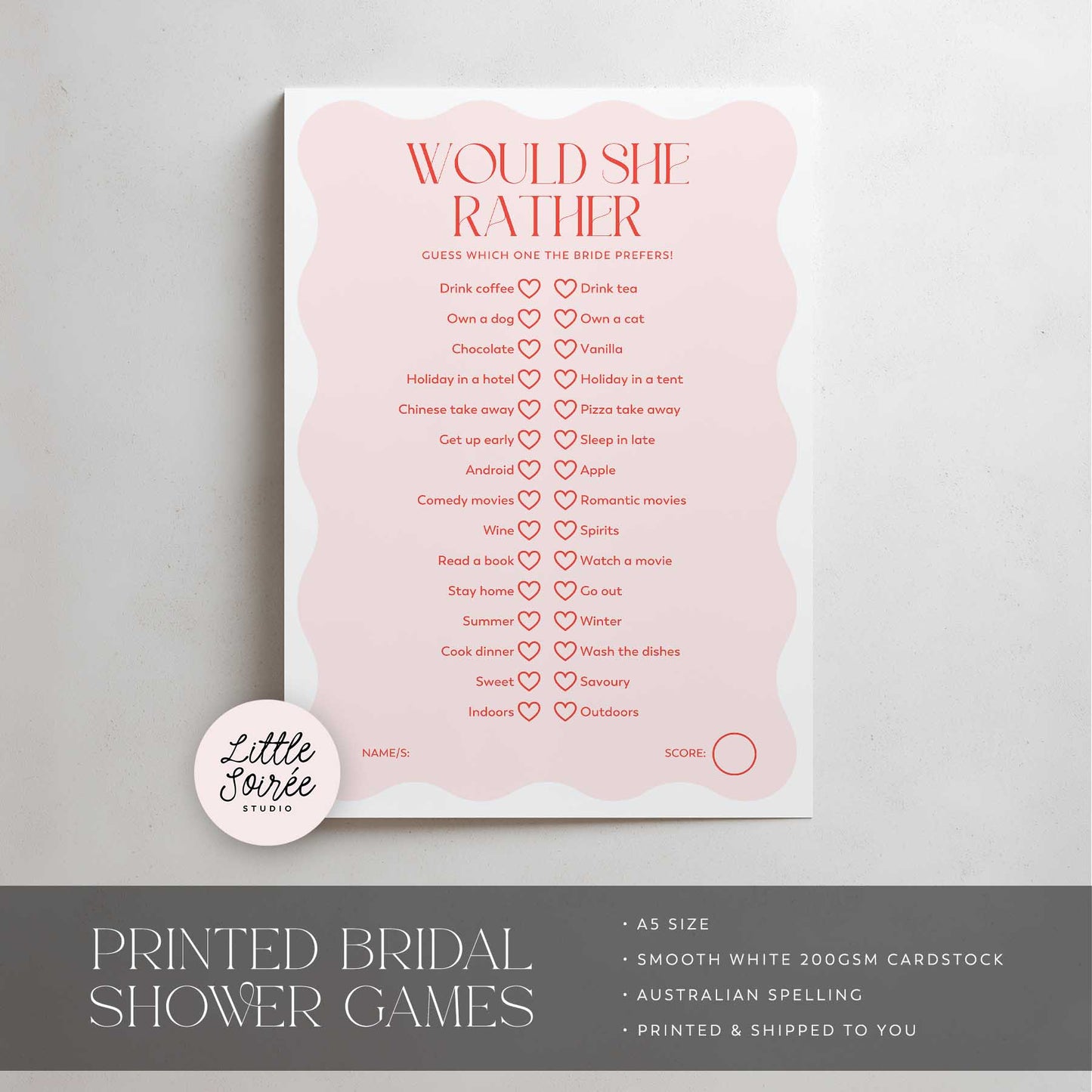 Bridal shower game card with pink and white design on a gray background