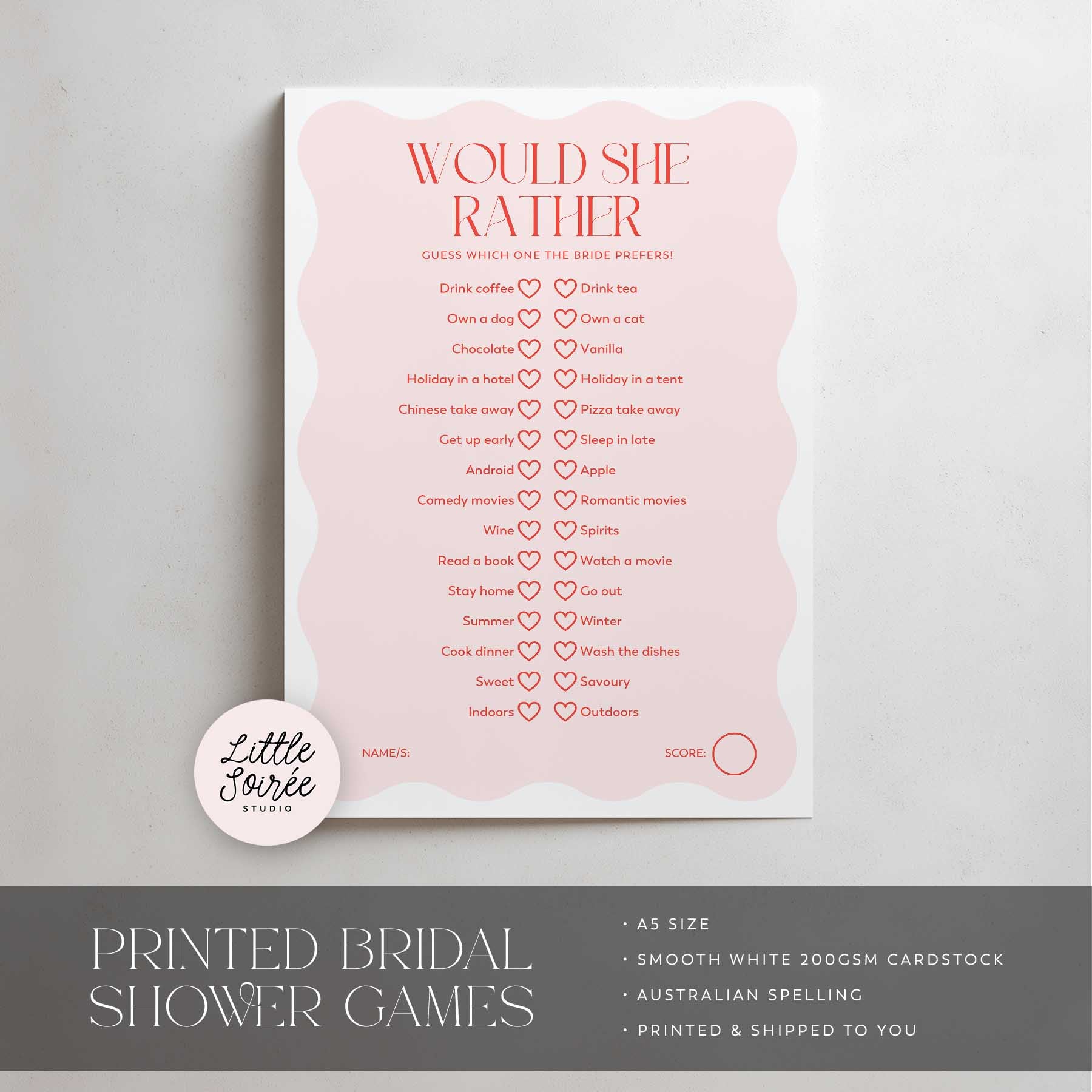 Bridal shower game card with pink and white design on a gray background