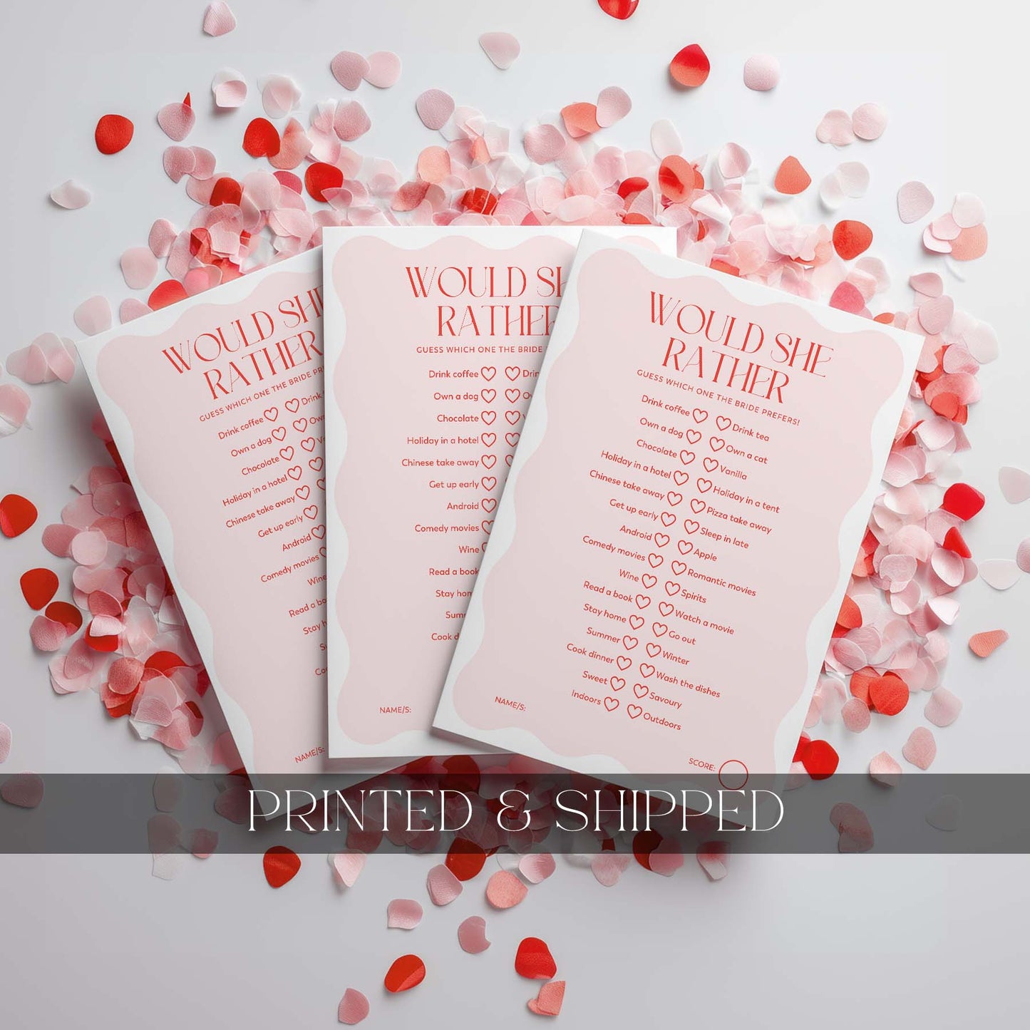 Three 'Advice' cards on a surface with heart-shaped confetti